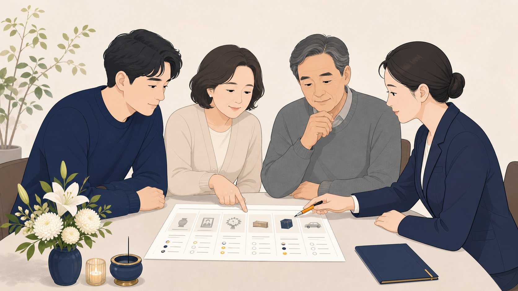 가족이 상조 계약서에서 발인 후 포함 항목을 하나씩 짚으며 별도 비용을 확인하는 모습