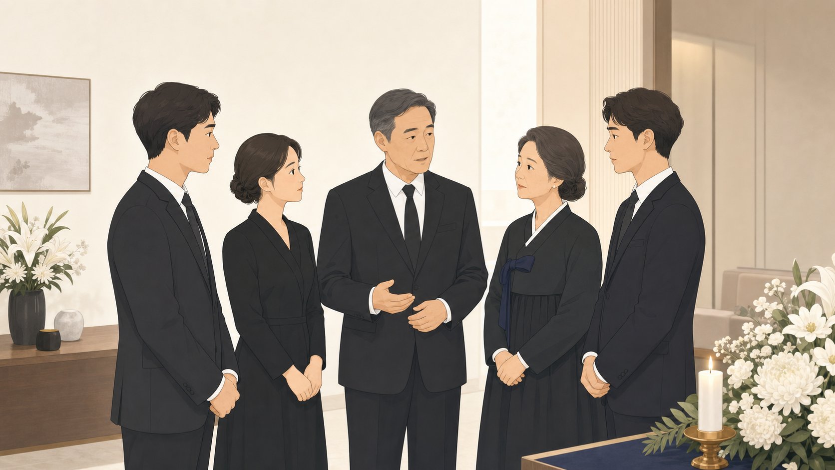 가족이 빈소 한쪽에서 상주 역할과 장례 방식을 조용히 상의하는 모습