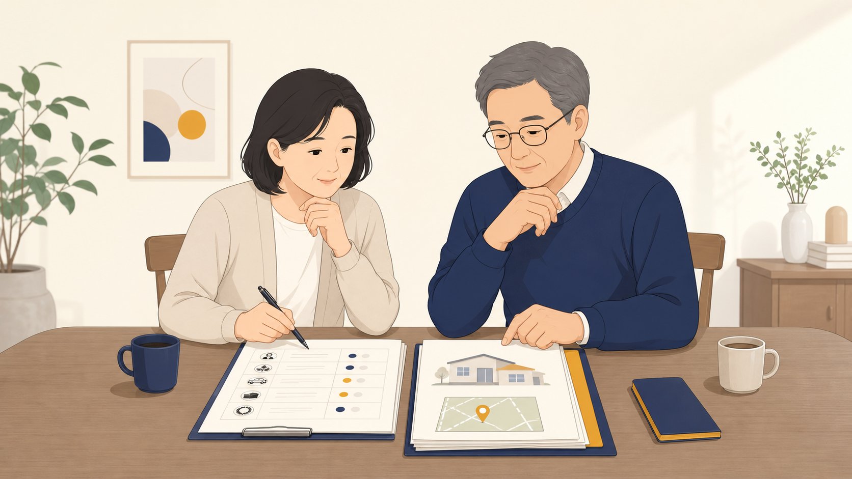 두 사람이 식탁에서 장례 비용 명세서와 재산 서류를 나란히 놓고 살펴보는 모습