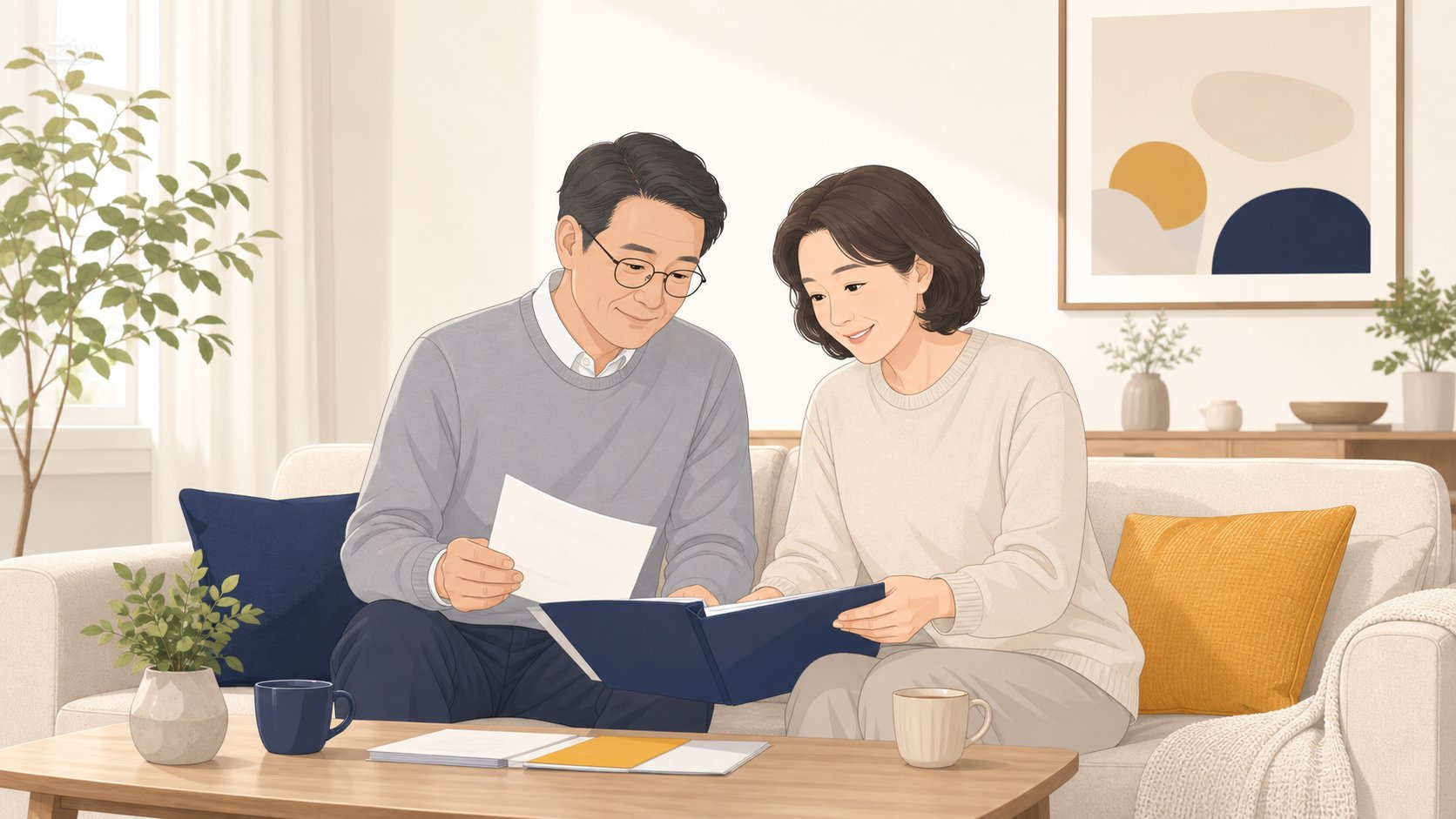 중년 부부가 거실 소파에서 서류철을 정리하며 미래를 상의하는 모습