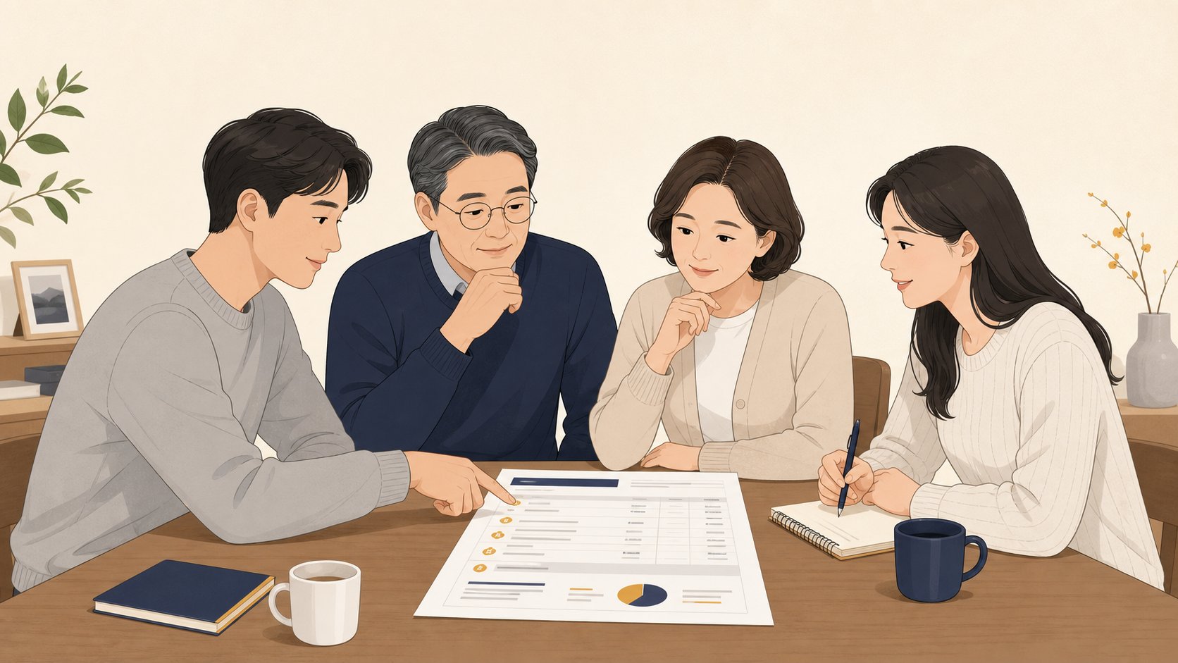 가족이 후불제 장례 정산 내역서를 보며 비용 분담을 상의하는 모습