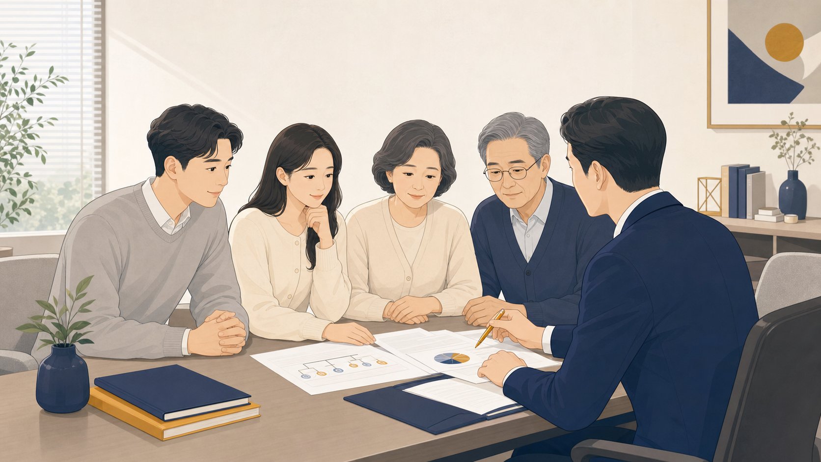 가족이 상담실에서 상속 관계와 서류를 전문가와 함께 검토하는 모습