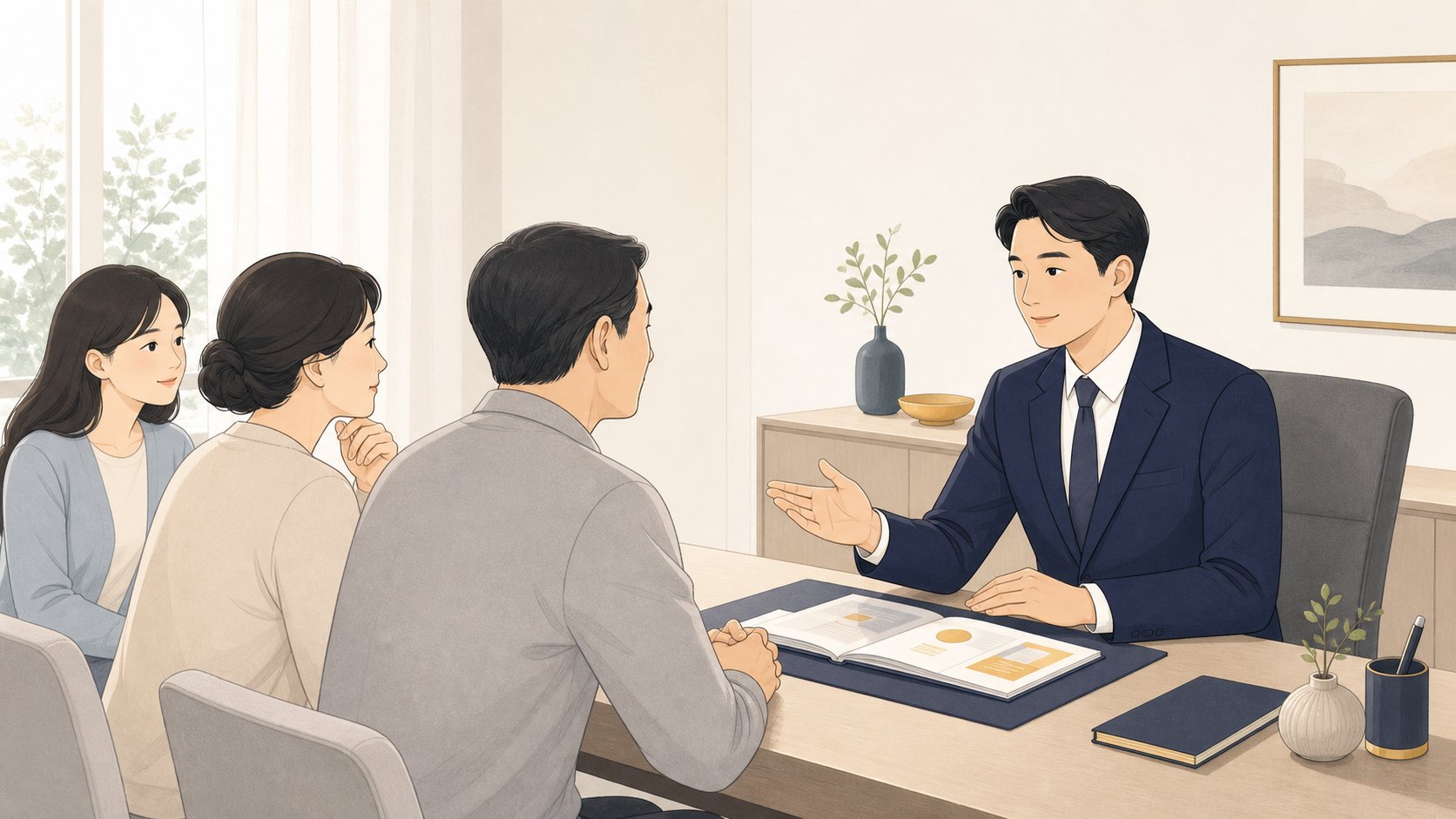 자녀가 장례 상담사와 후불제장례 진행 방식을 상담하는 모습