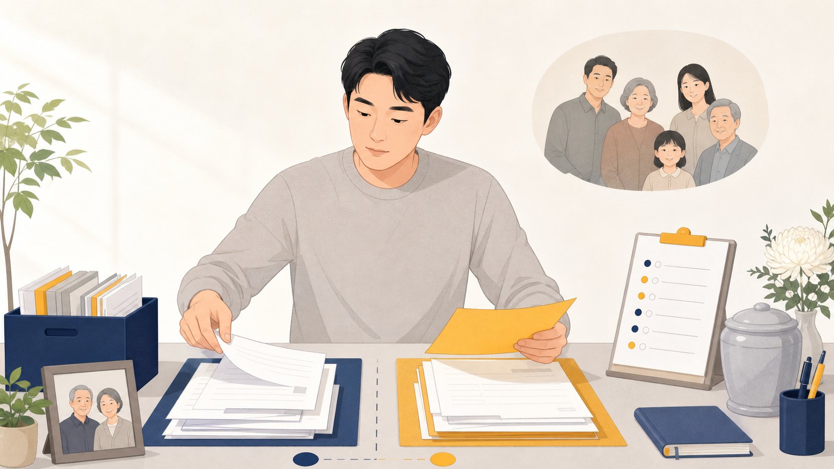 자녀가 책상에서 상속 서류와 장례 절차 목록을 나란히 놓고 정리하는 모습