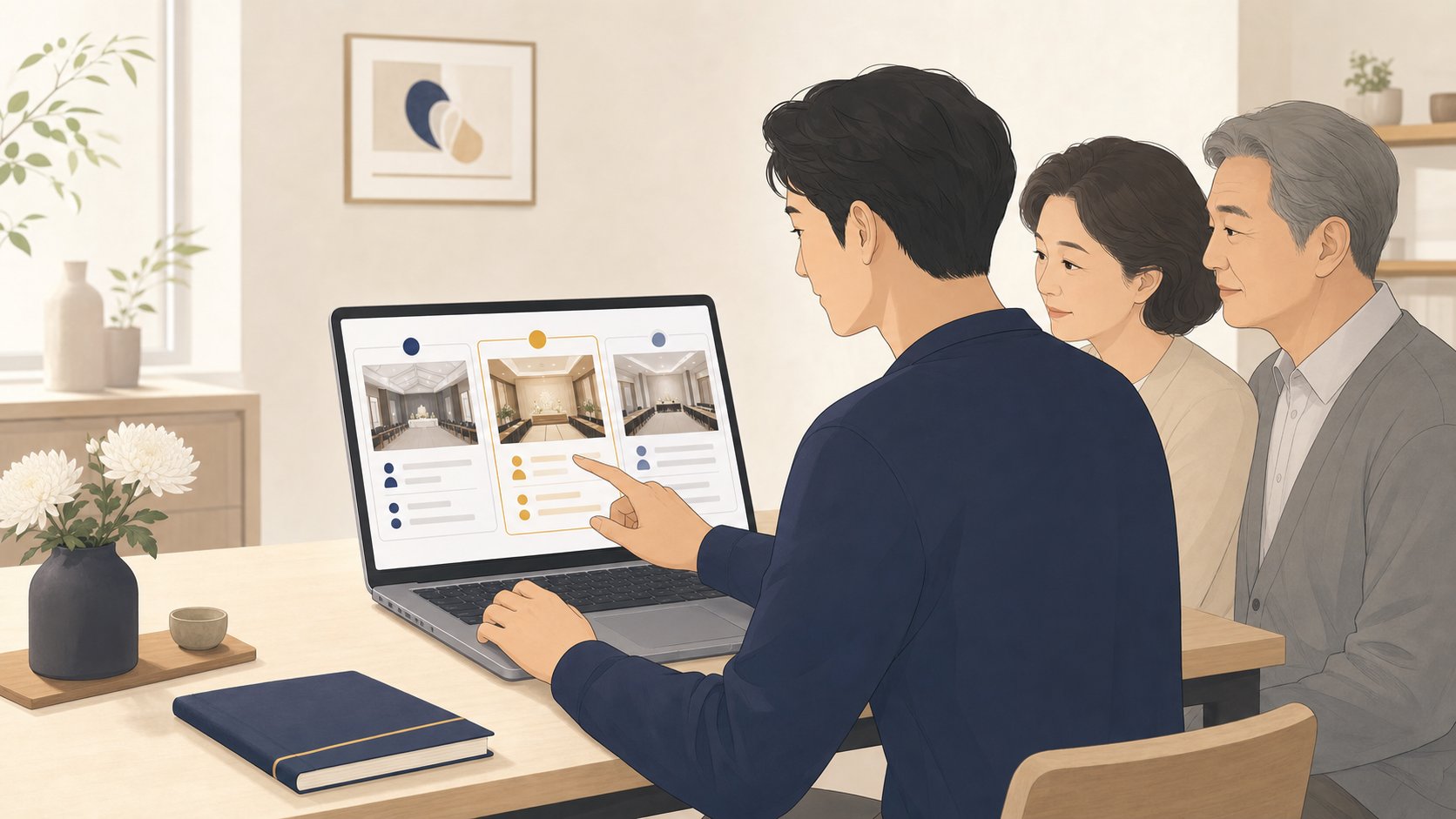 자녀가 노트북으로 충청도 장례식장 정보를 비교하며 진행할 곳을 고르는 모습