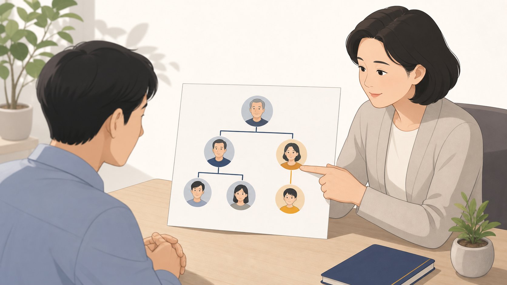 손가락으로 가족 관계 도표를 짚으며 상속 순위를 설명하는 모습