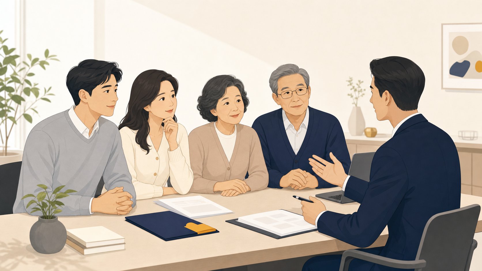 가족이 상담사와 마주 앉아 상속 궁금증을 묻고 답을 듣는 모습