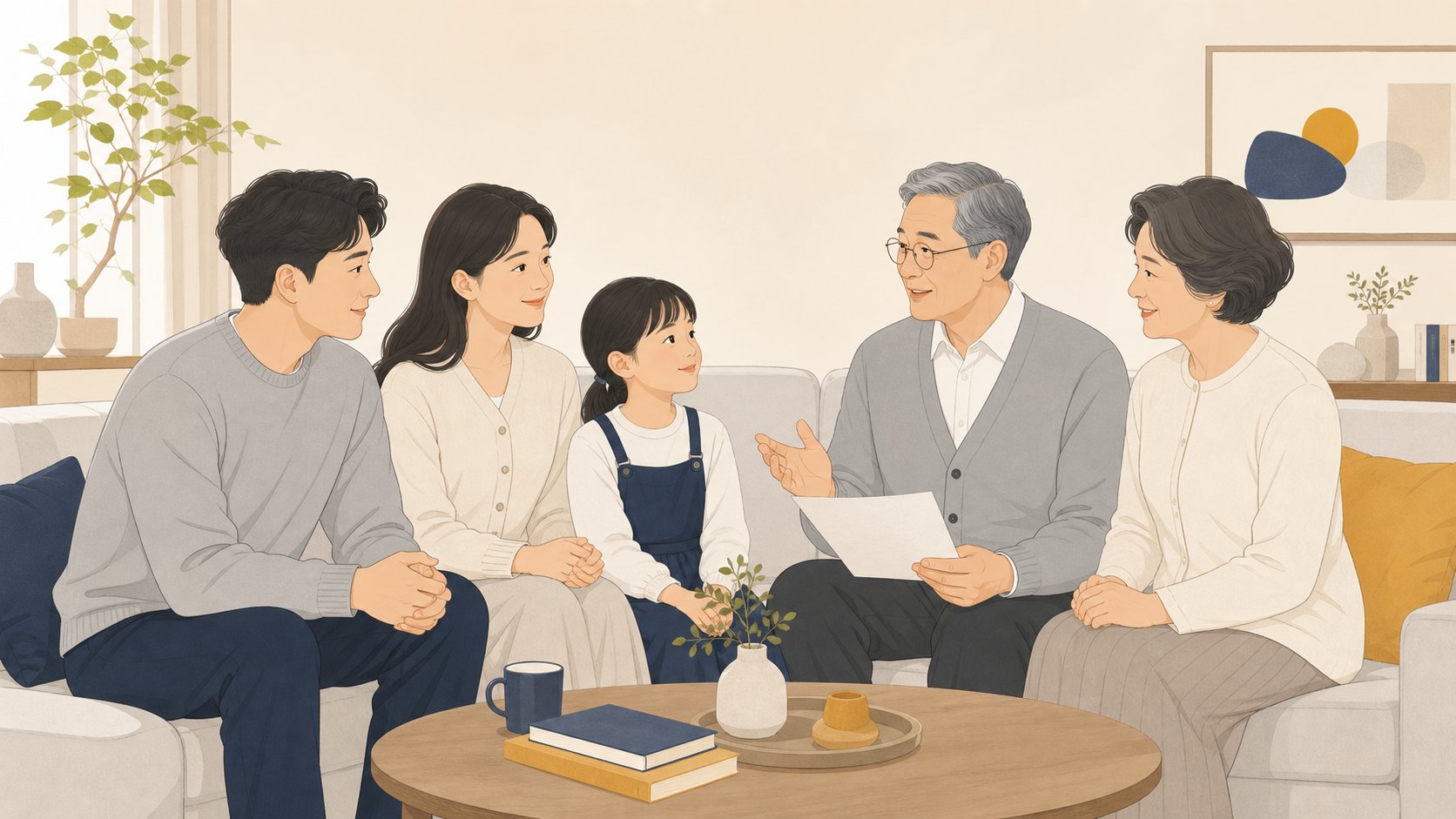 세 세대 가족이 거실에 모여 상조와 상속 계획을 함께 이야기하는 모습