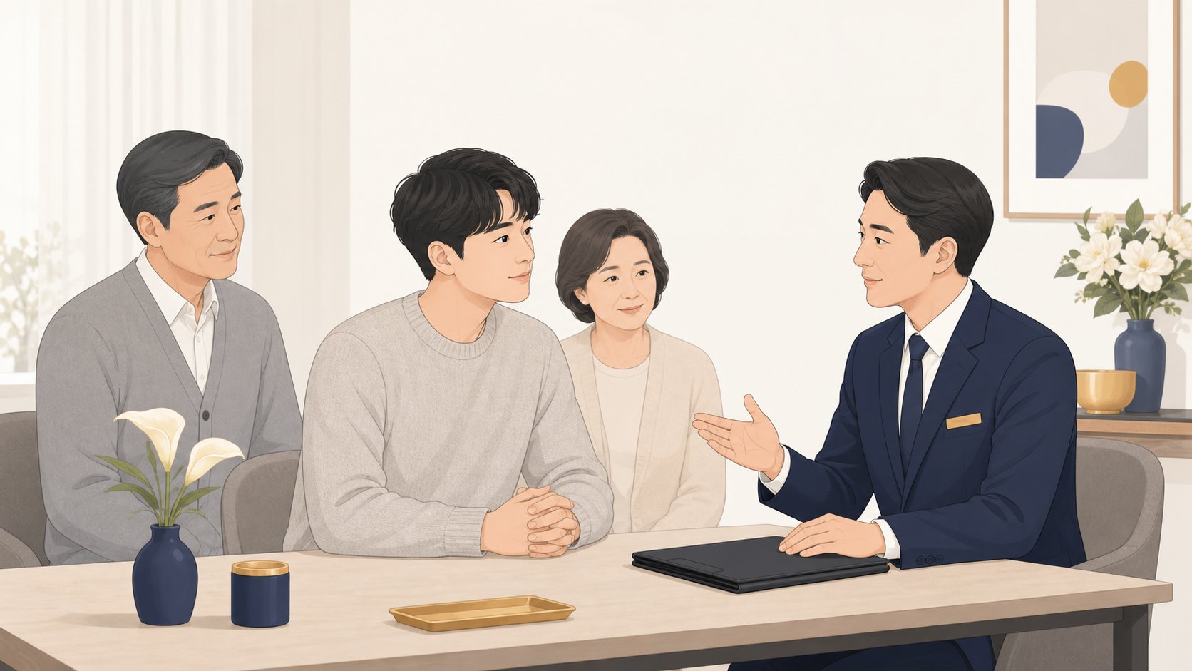 젊은 손자가 장례 상담사와 후불제상조 진행 방식을 상담하는 모습
