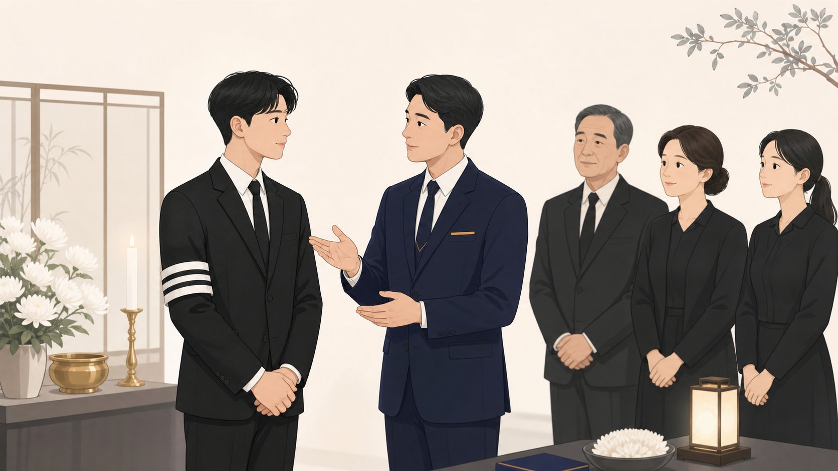 젊은 손자가 검은 상복과 완장을 갖추고 장례지도사에게 예법을 안내받는 모습