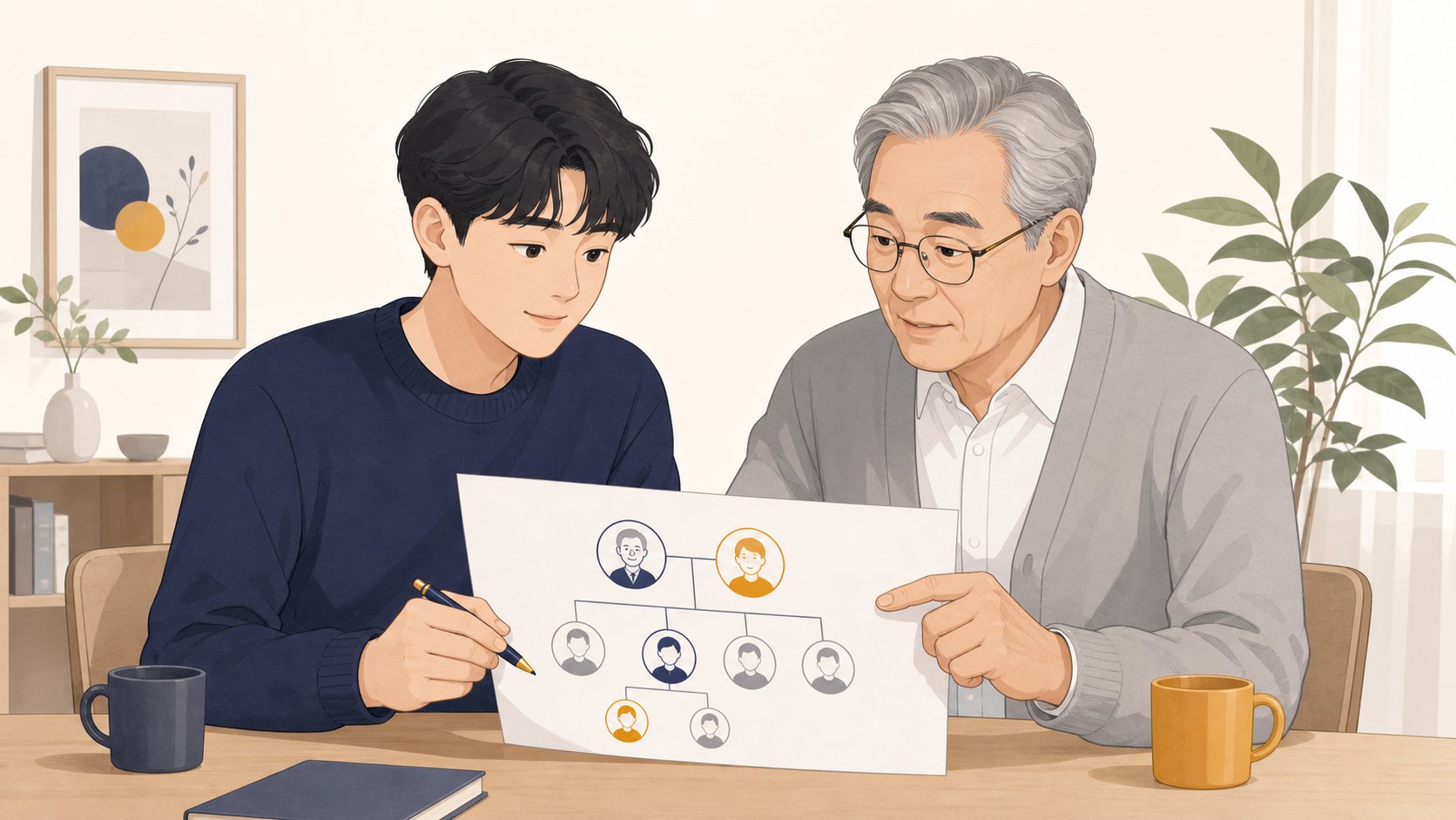 손자가 집안 어른과 함께 상속 관계 도표를 살펴보는 모습