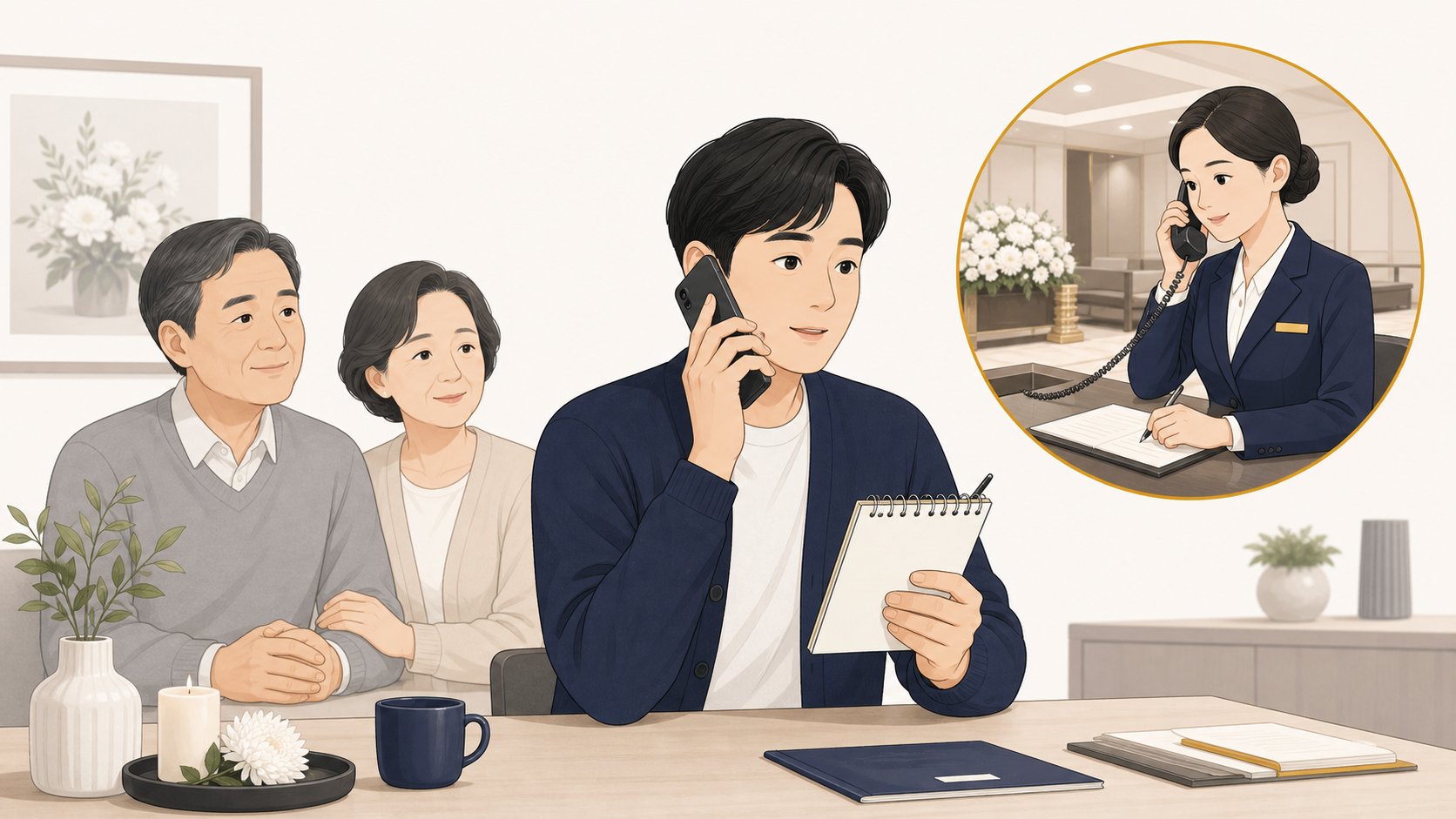 사람이 장례식장에 전화를 걸어 추가 비용과 빈소 조건을 확인하는 모습