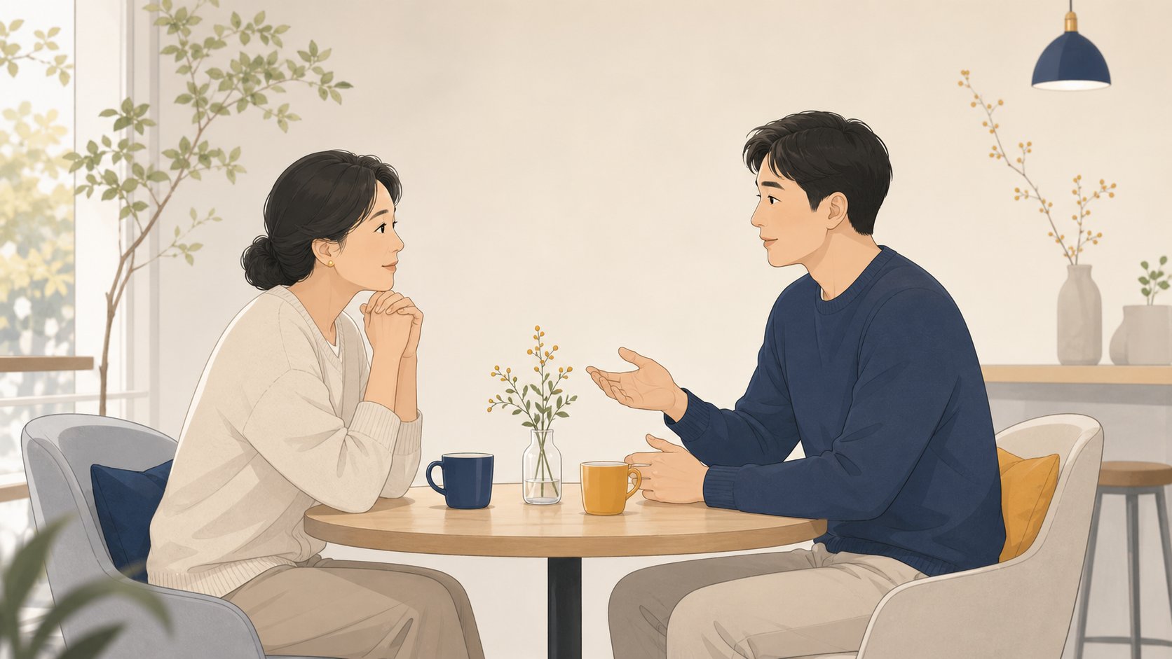두 사람이 카페에서 마주 앉아 사정을 이야기하며 서로를 배려하는 모습