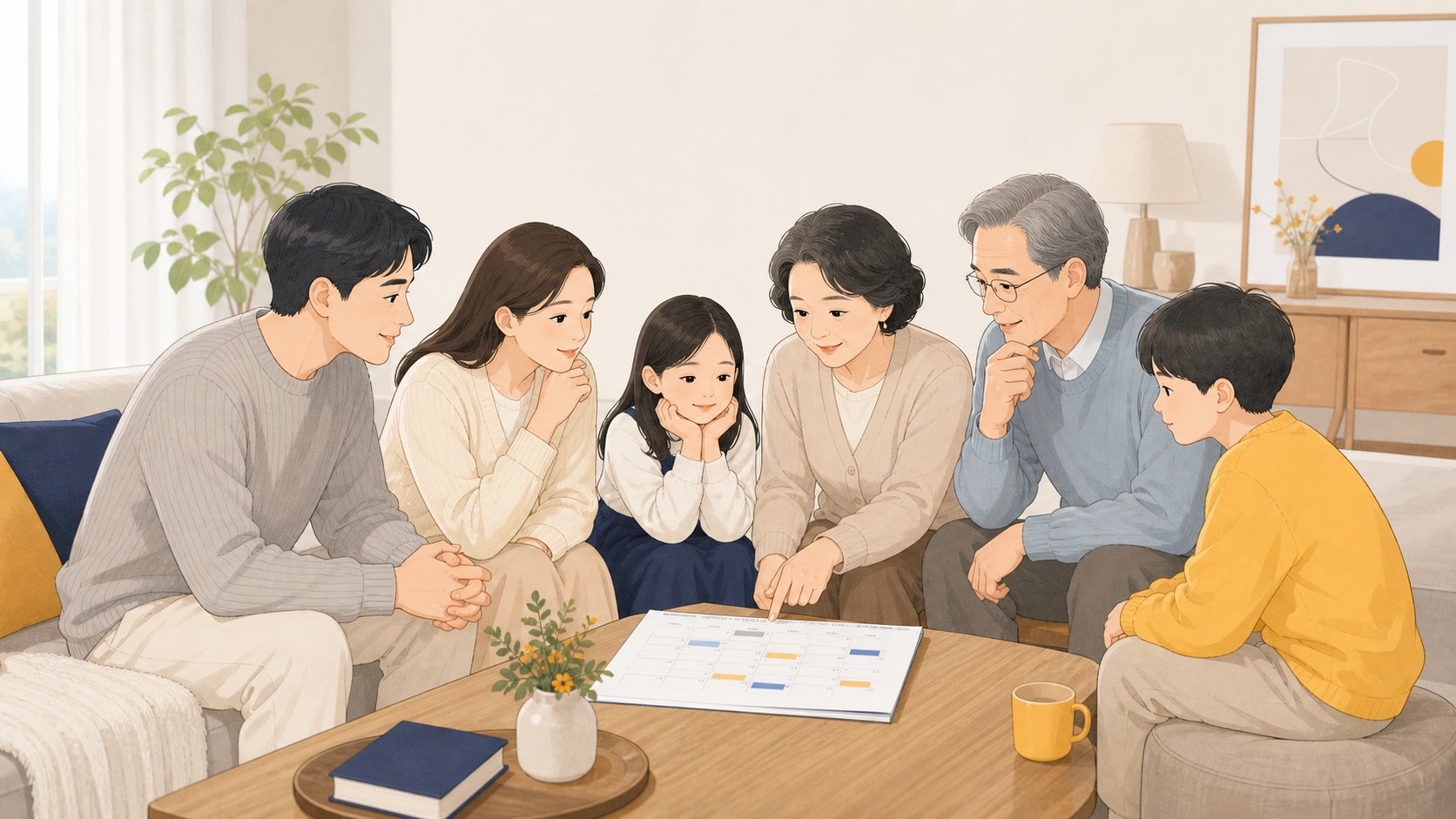 가족이 거실에 모여 예정된 경조사 일정을 어떻게 할지 상의하는 모습