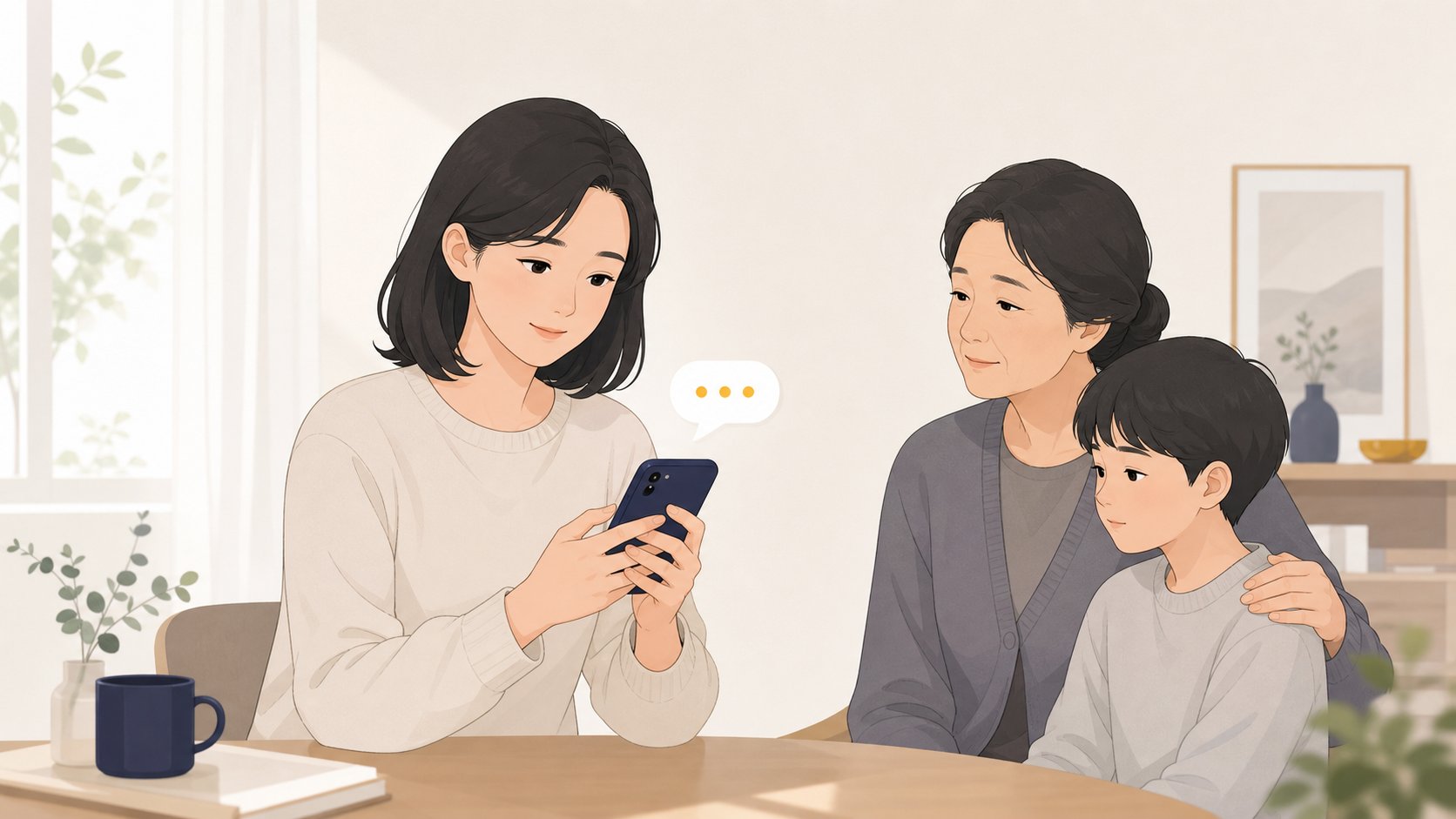 사람이 조용한 공간에서 휴대폰으로 유가족에게 위로 연락을 보내는 모습