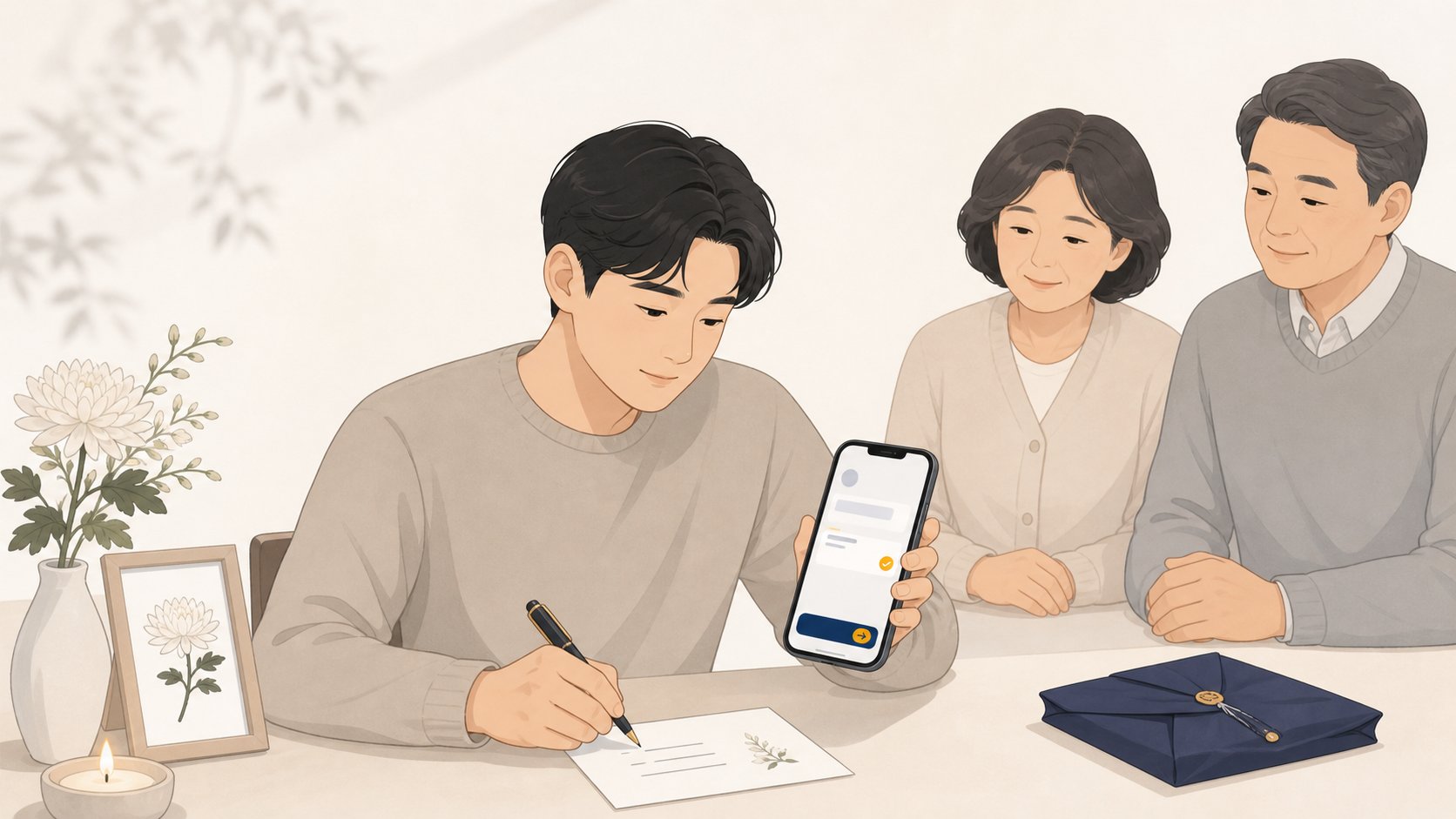 사람이 조의금을 계좌로 이체하며 이름과 위로 문구를 함께 적는 모습