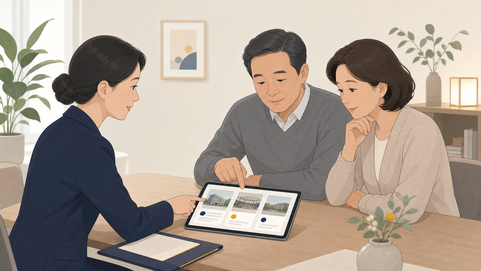 가족이 상담사와 함께 충청도 장례식장 정보를 태블릿으로 살펴보는 모습