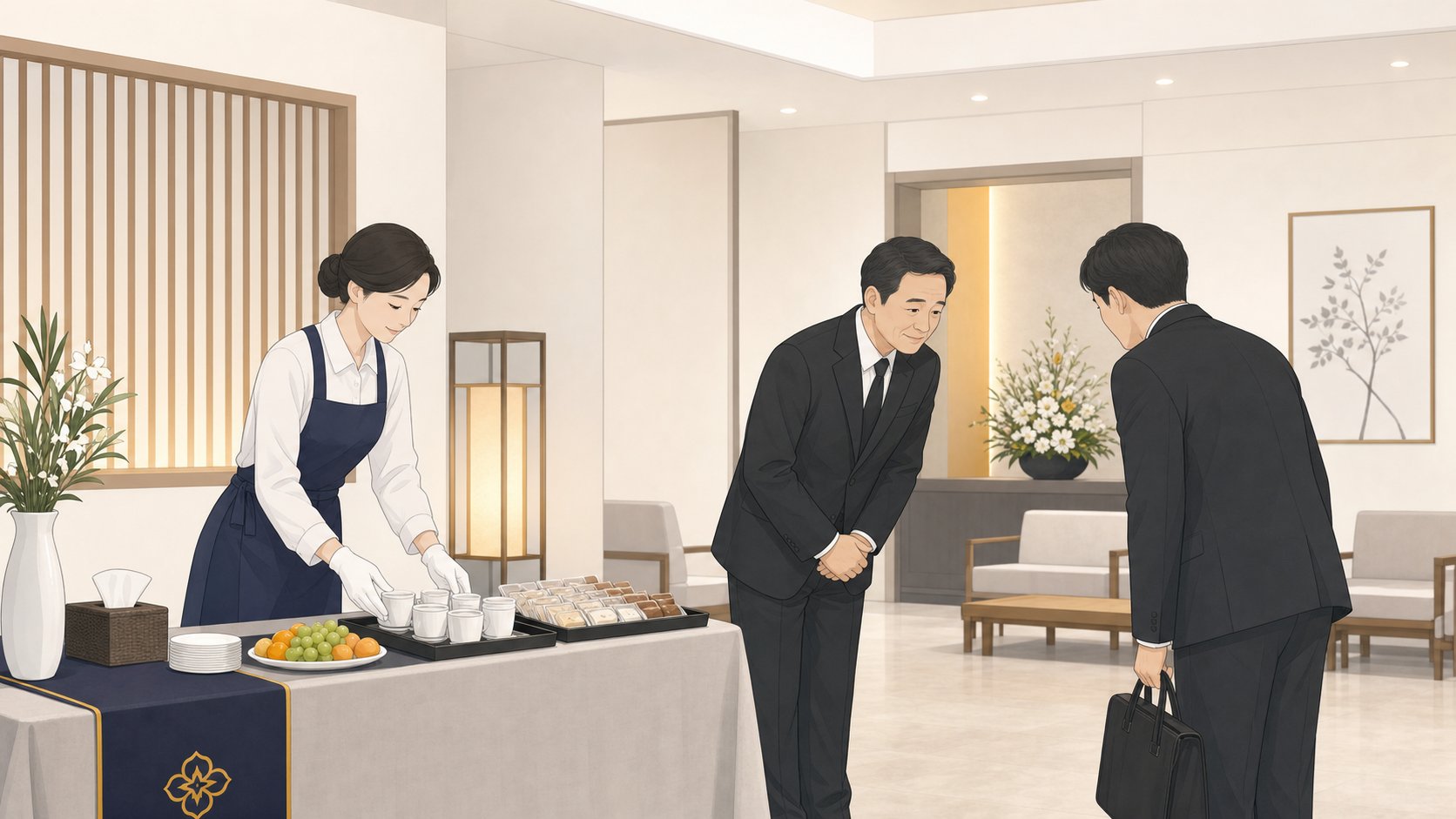 상조 도우미가 접객 준비를 돕는 동안 가족이 조문객을 맞이하는 빈소 모습
