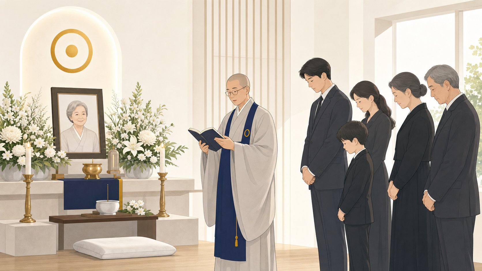 교무님이 발인 예식에서 독경하고 유족이 경건하게 함께하는 모습