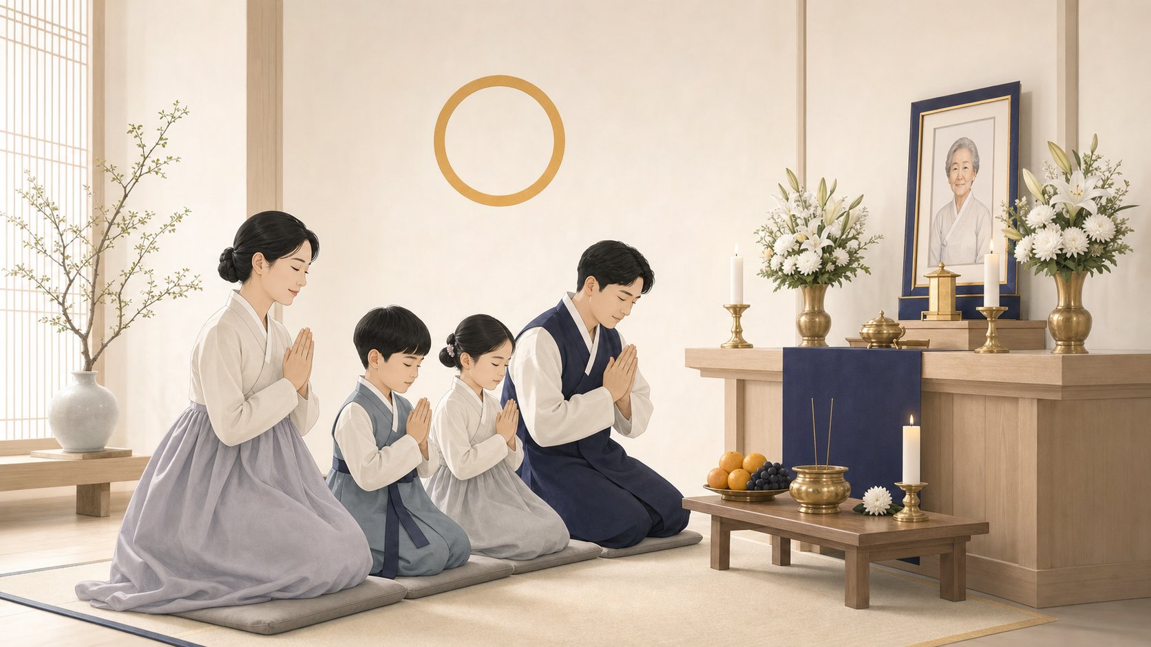 원불교 교당에서 가족이 모여 천도재를 올리며 기도하는 모습