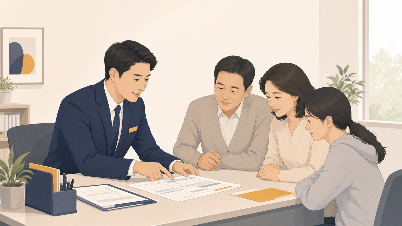 가족이 보훈 담당자와 국립호국원 안장 자격 서류를 확인하며 상담하는 모습
