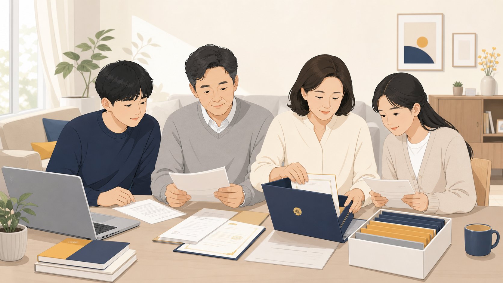 가족이 국립호국원 안장에 필요한 서류를 정리하며 준비하는 모습
