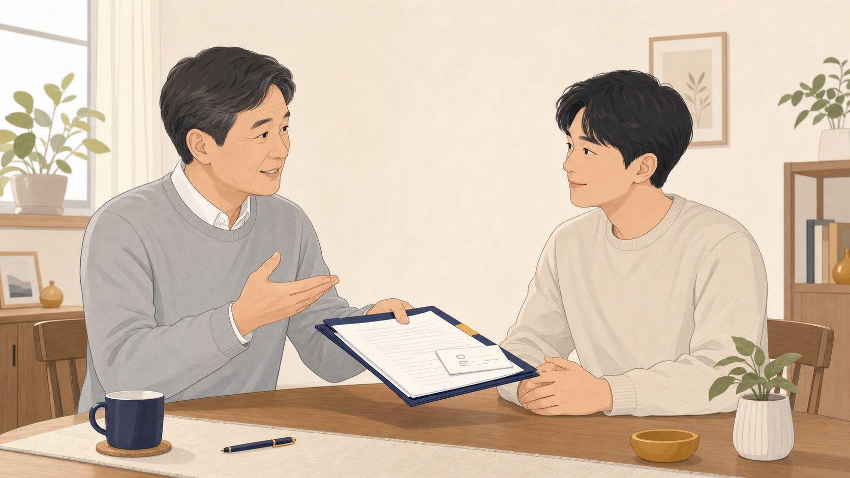 1인 가구가 신뢰하는 지인에게 상조 계약 정보와 연락처를 전달하며 설명하는 모습