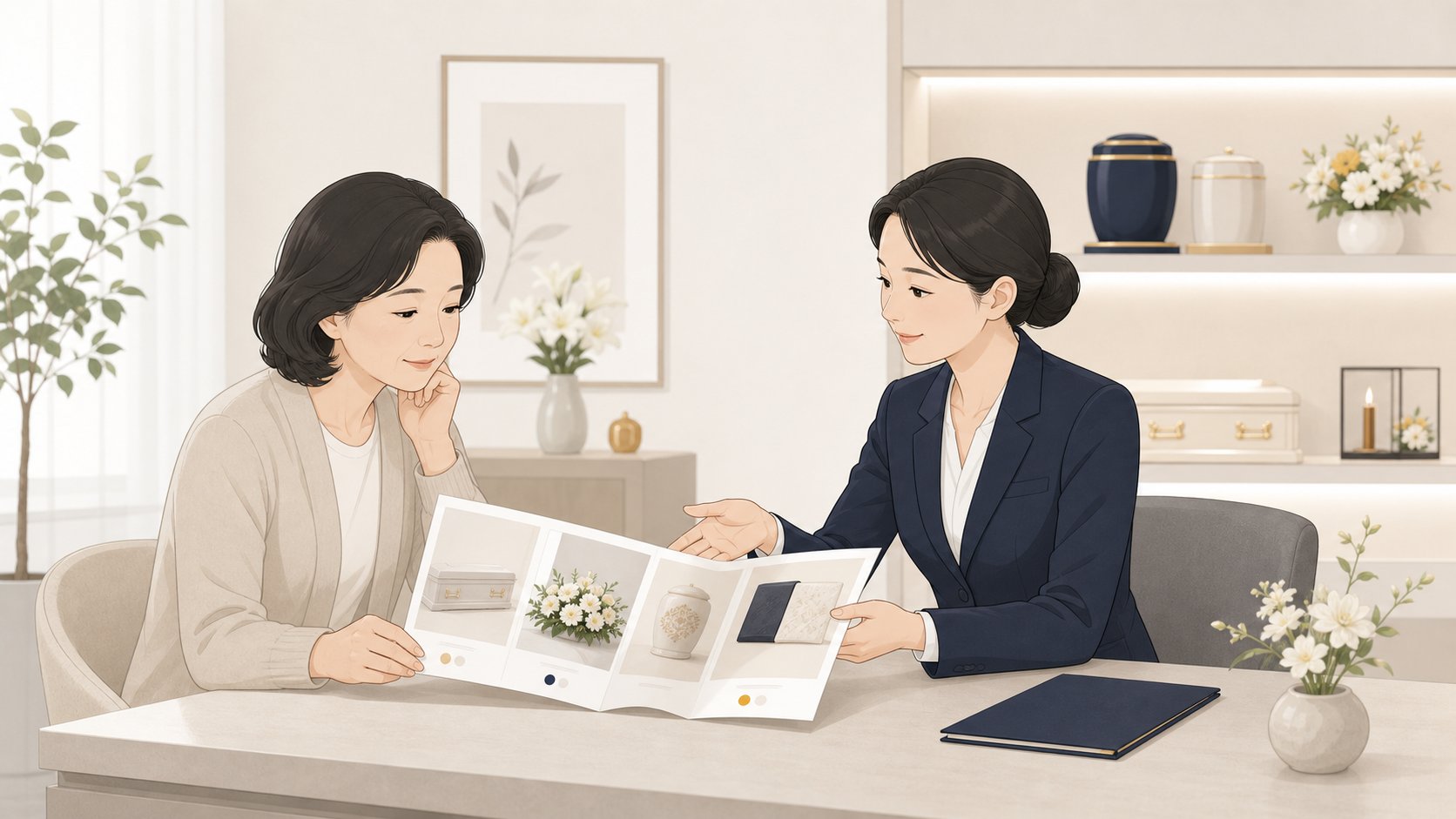 1인 가구가 상담사에게 맞는 상조 상품을 안내받으며 상담하는 모습