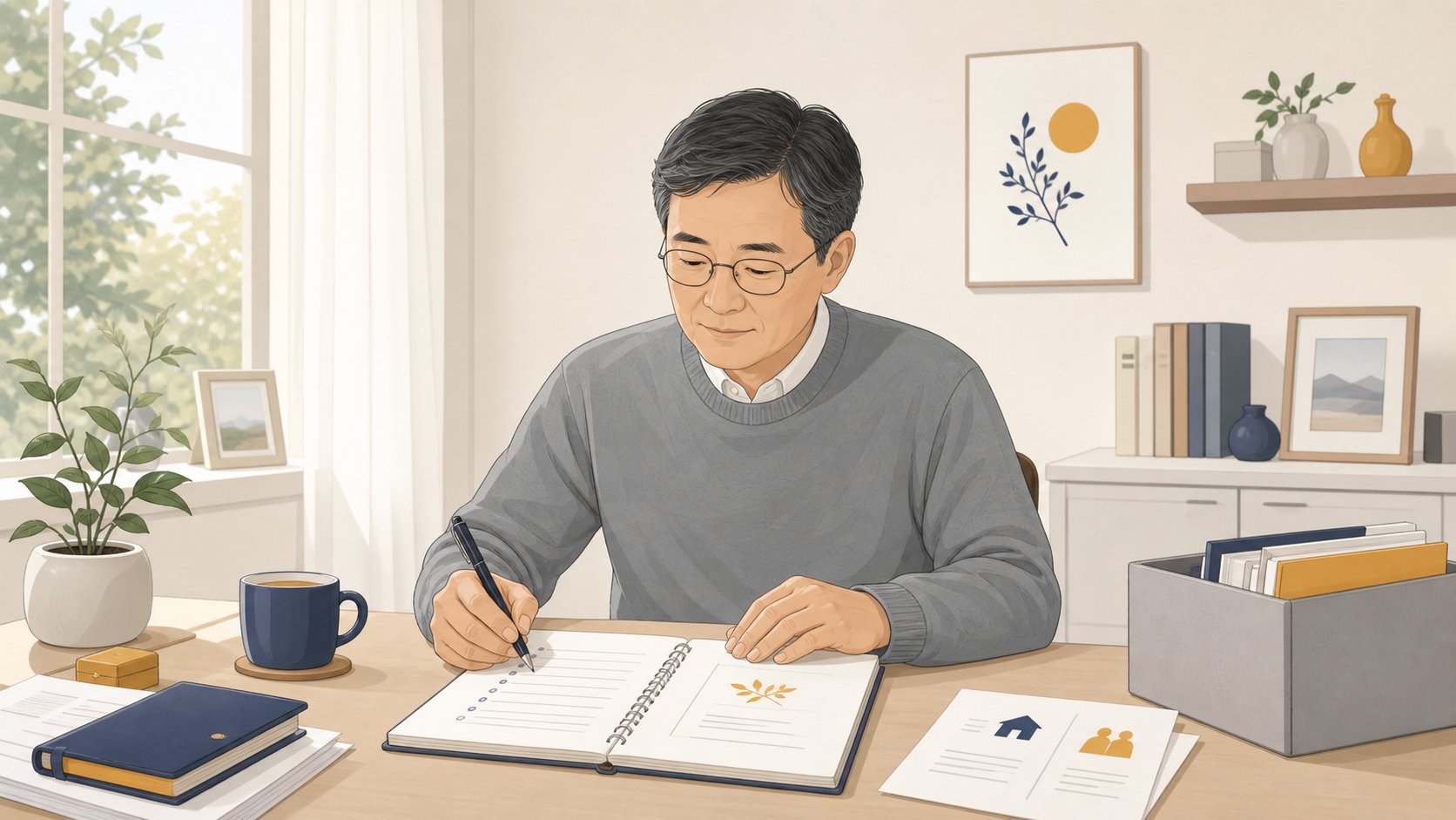 1인 가구가 자산 목록과 사전 장례 의향서를 정리하며 신변을 준비하는 모습