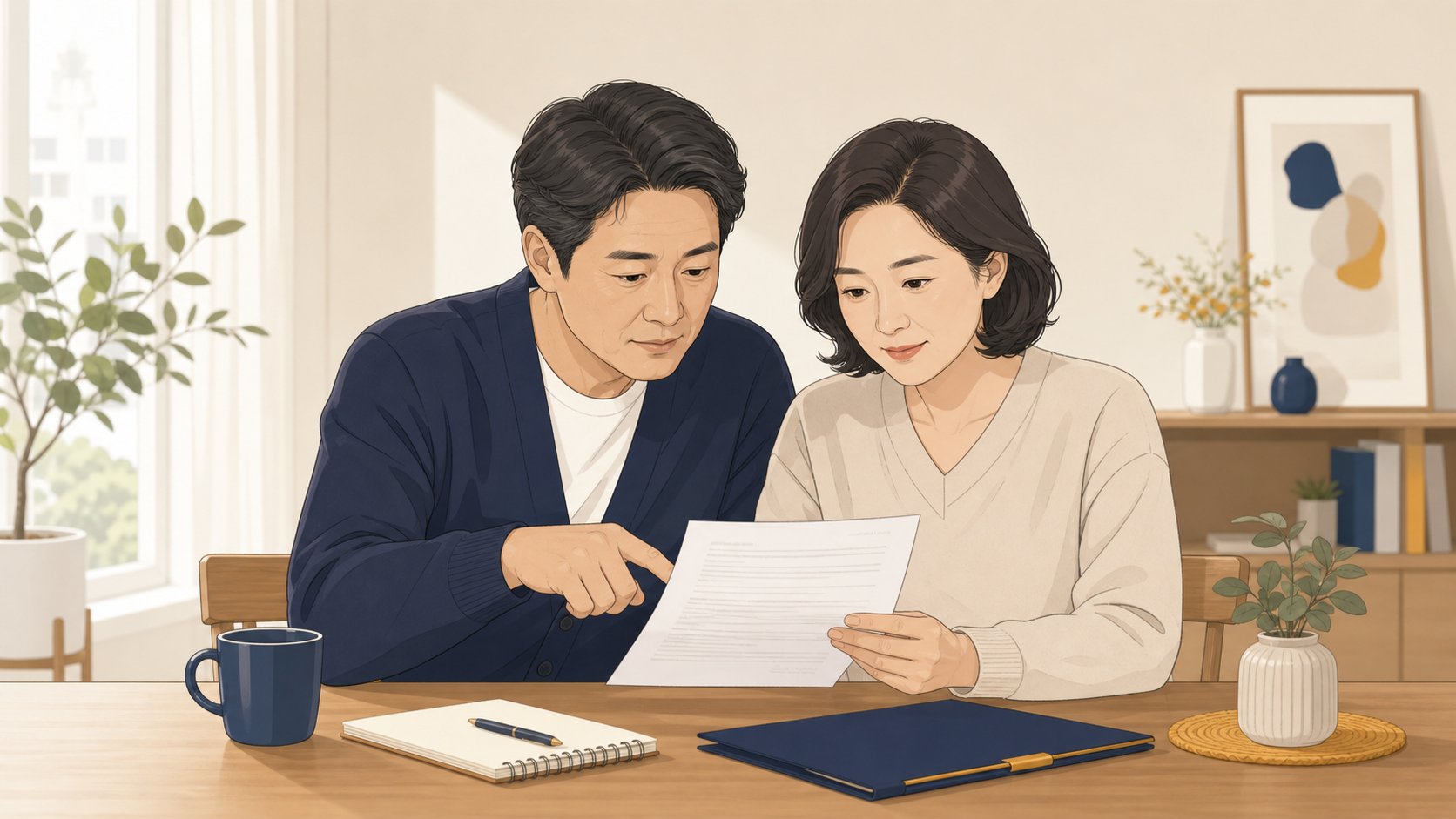 가족이 상조 계약서의 정산과 환급 조항을 손으로 짚으며 확인하는 모습