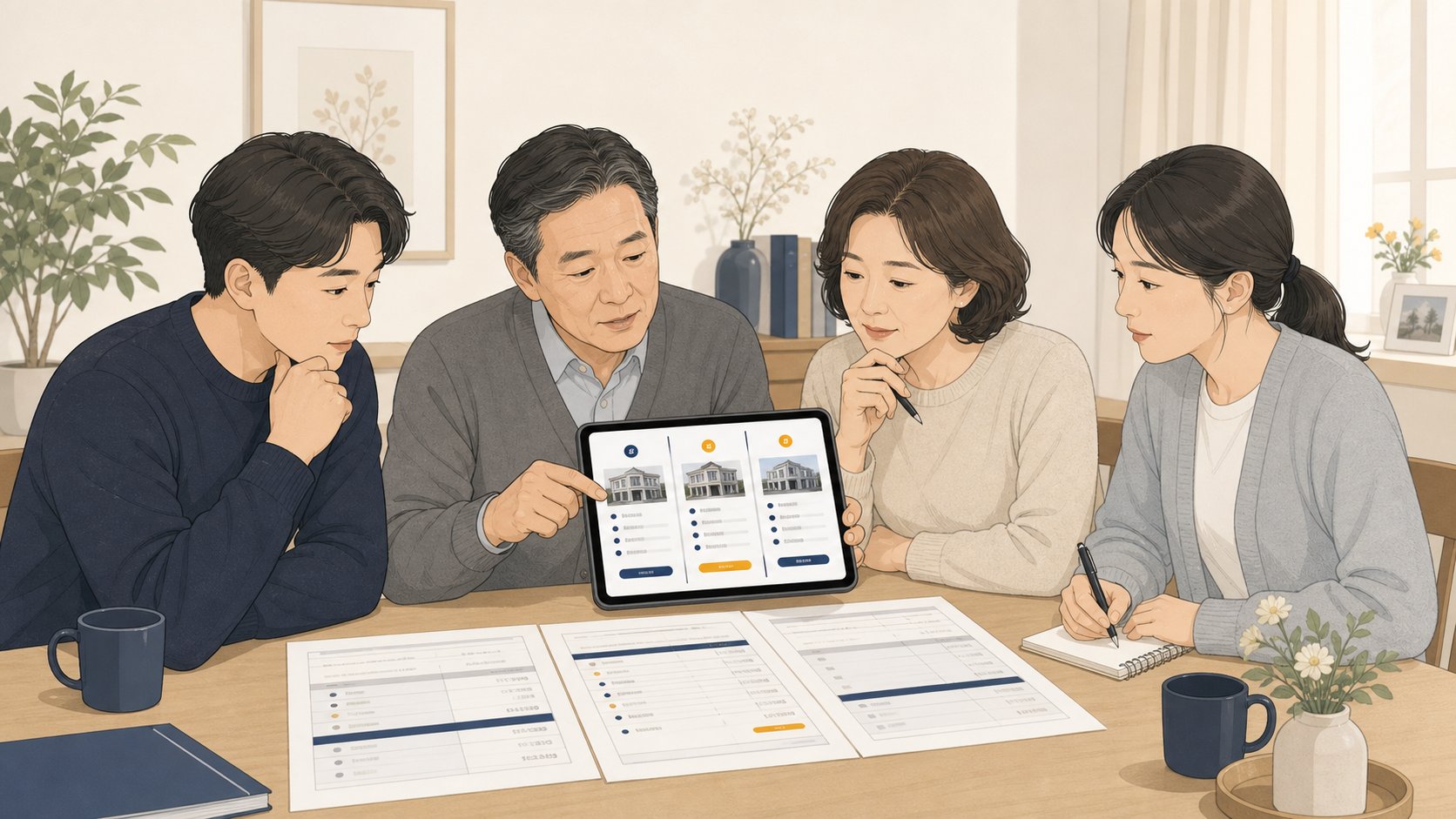 가족이 충청도 장례식장 비용과 상조 정산 내역을 나란히 비교하며 점검하는 모습