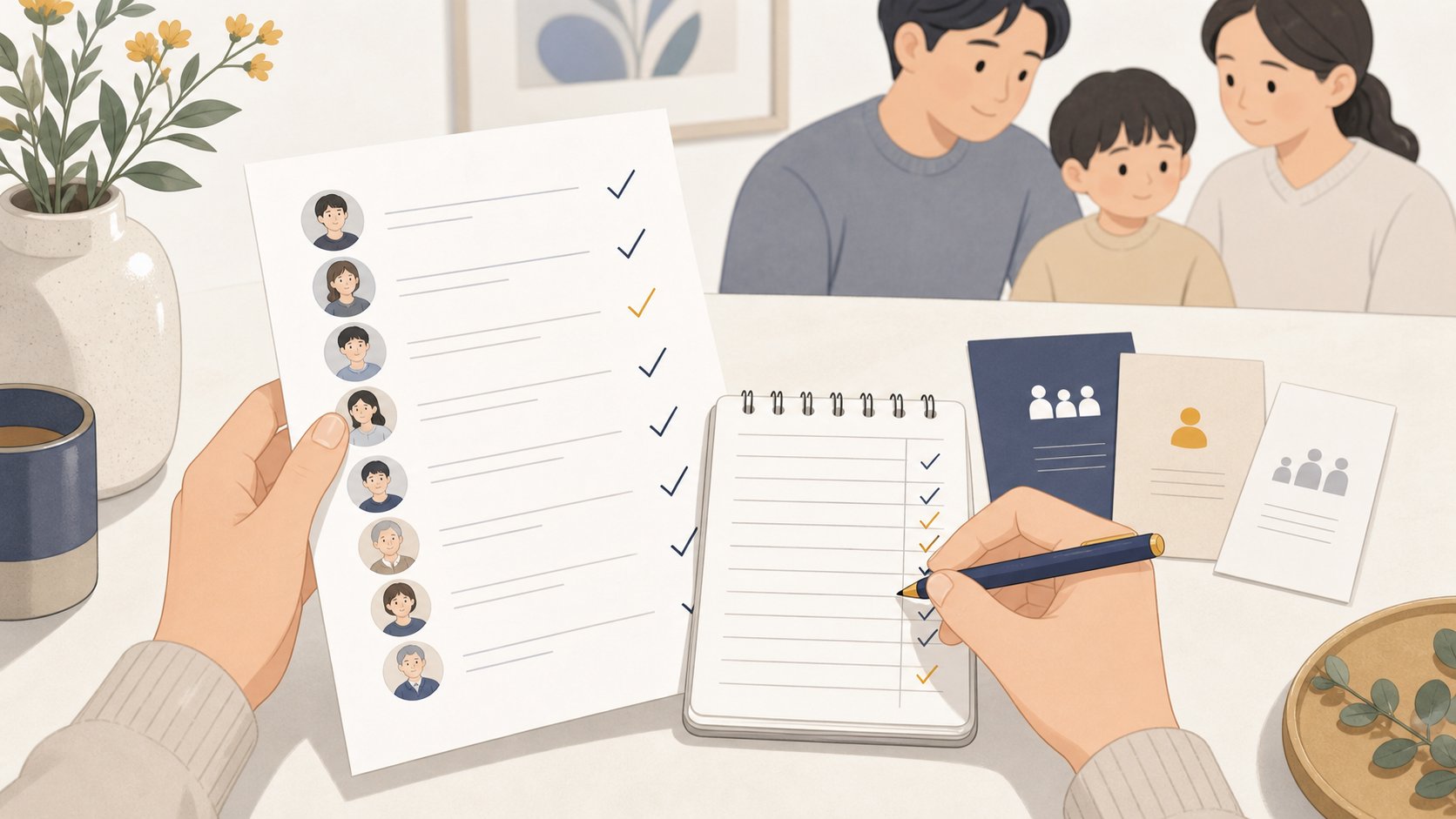 조문객 명단과 예산 메모를 손에 들고 항목을 하나씩 확인하는 가족의 손