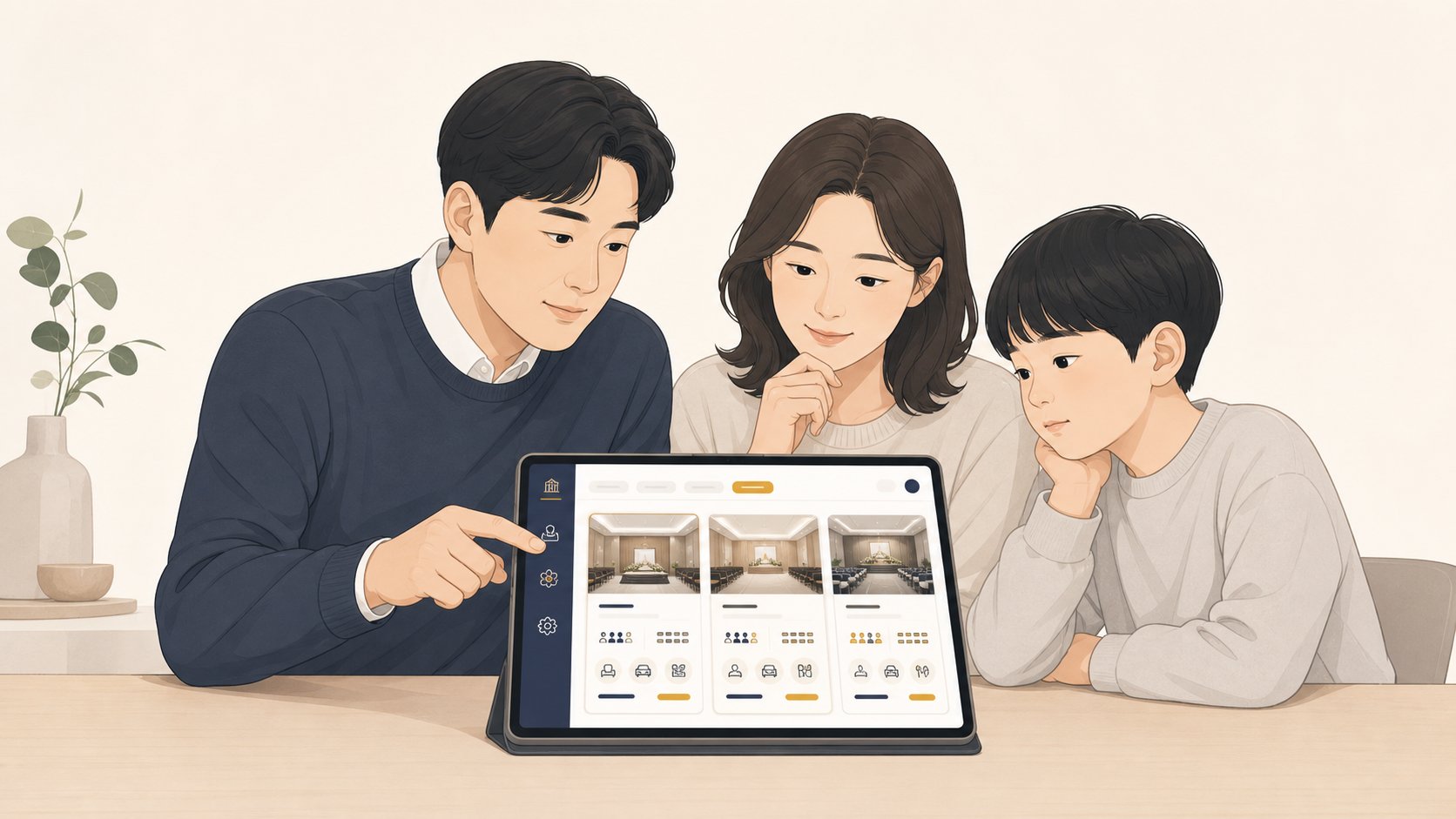 태블릿으로 빈소 규모와 시설 정보를 카드로 비교하며 상의하는 충청도 가족