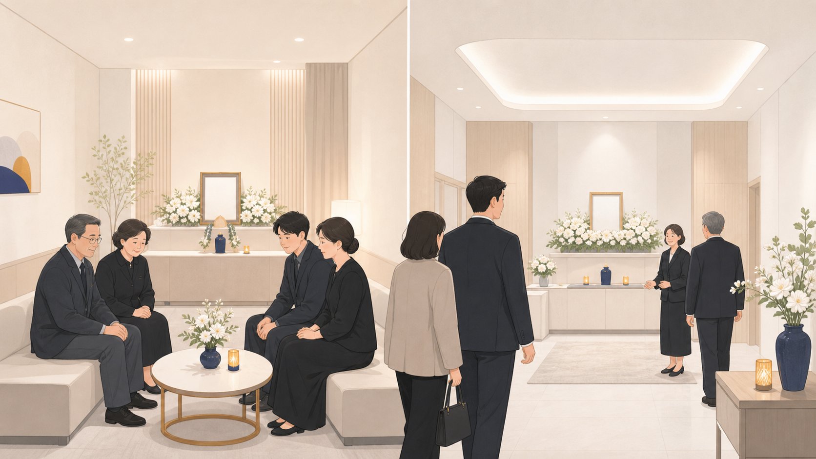 소규모 가족장 빈소와 조문객이 오가는 일반장 빈소를 나란히 대비한 일러스트