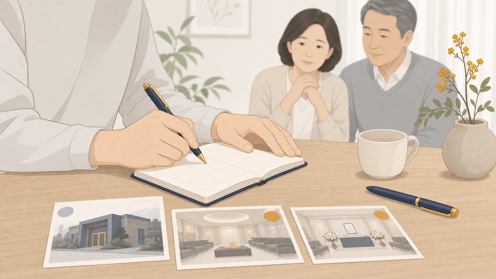 장례식장 위치와 비용을 노트에 차분히 정리하며 큰 틀을 가늠하는 자녀의 손과 메모