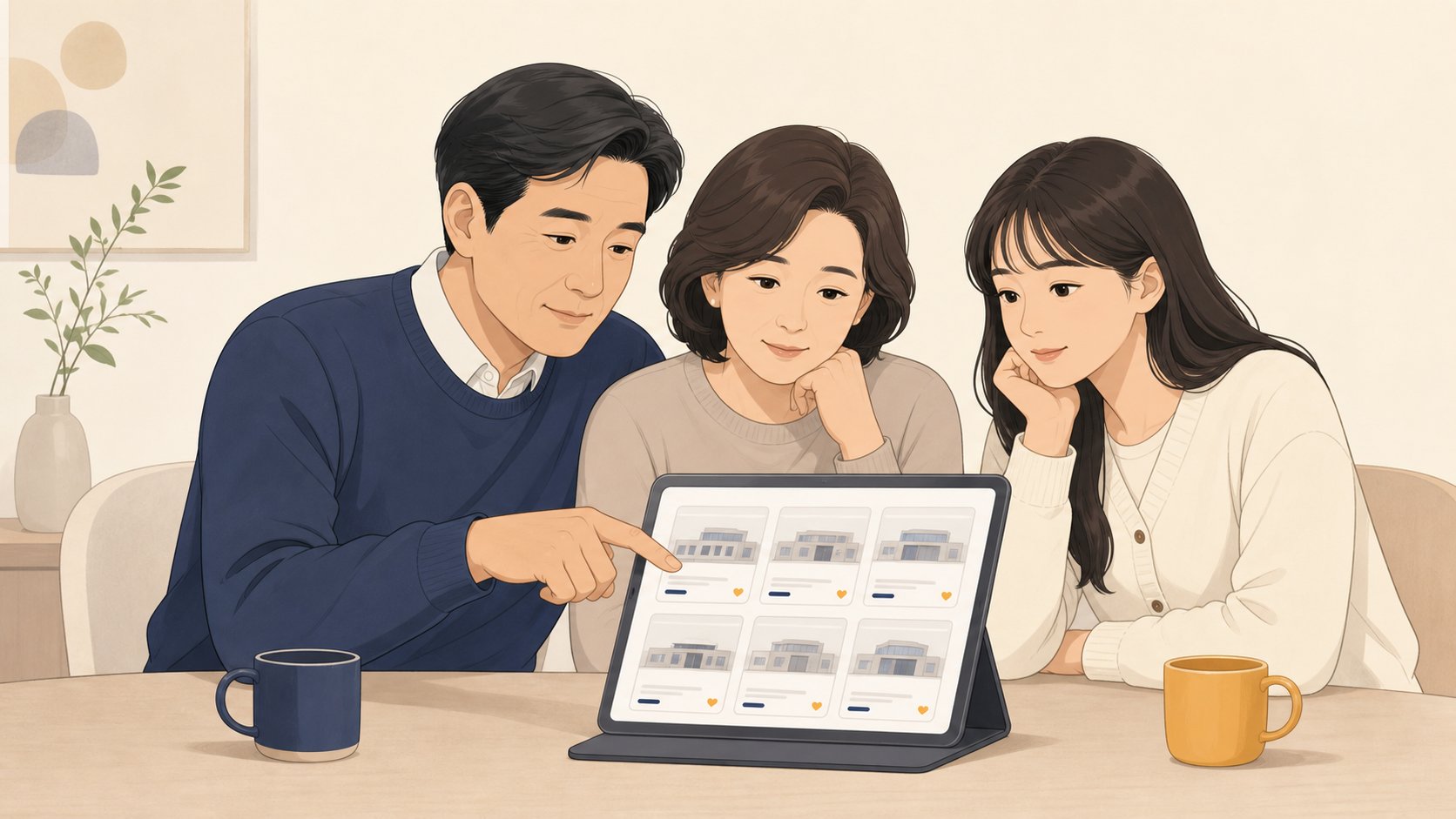 태블릿으로 연고지 근처 장례식장 정보를 카드로 살펴보는 충청도 가족