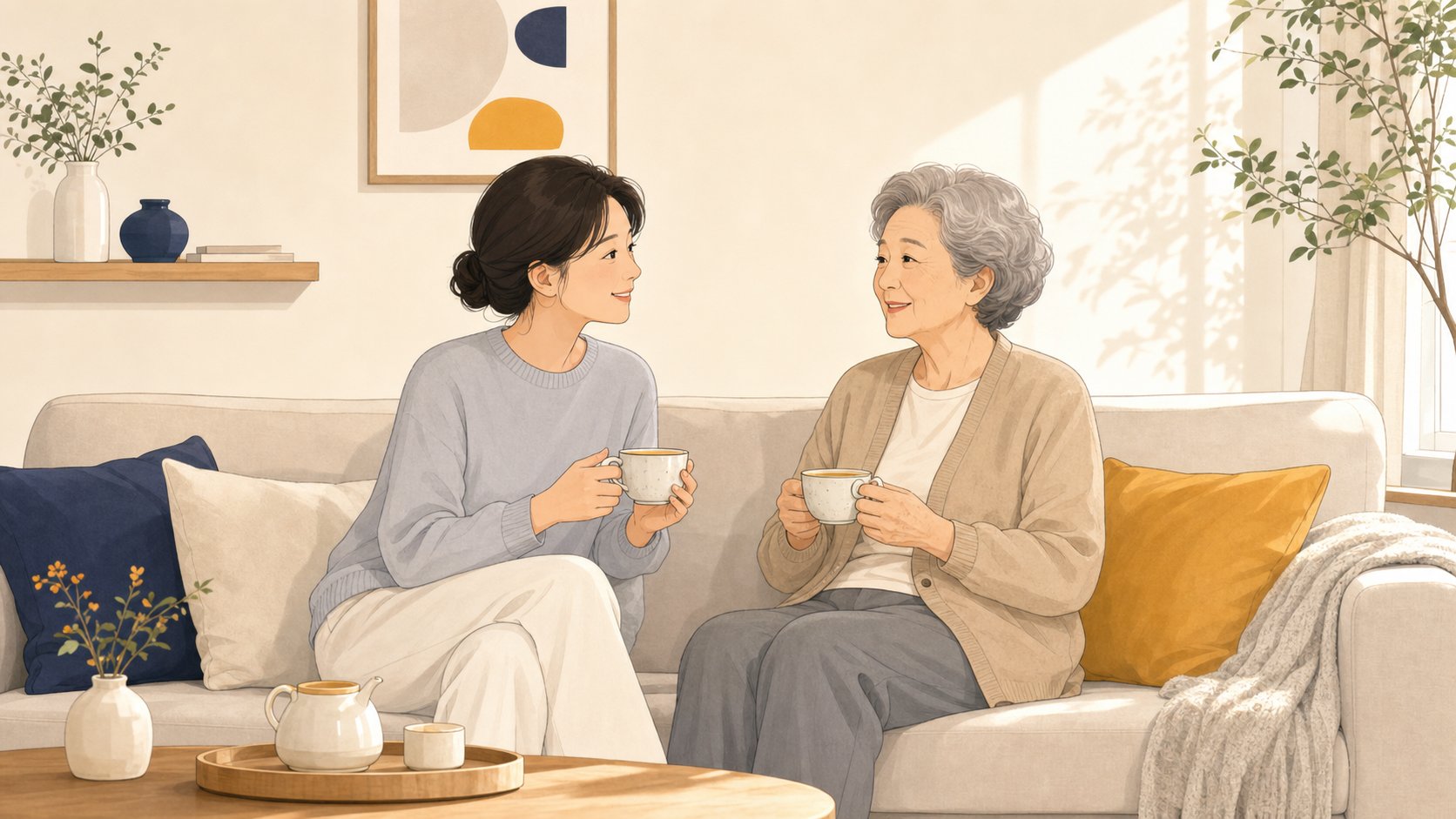 거실 소파에서 부모님과 차를 나누며 평범한 일상을 함께하는 따뜻한 한때