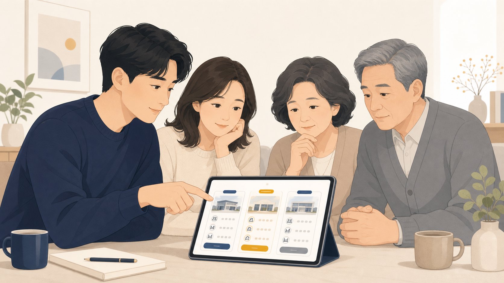 태블릿으로 여러 장례식장의 비용과 시설 정보를 카드로 비교하는 충청도 가족