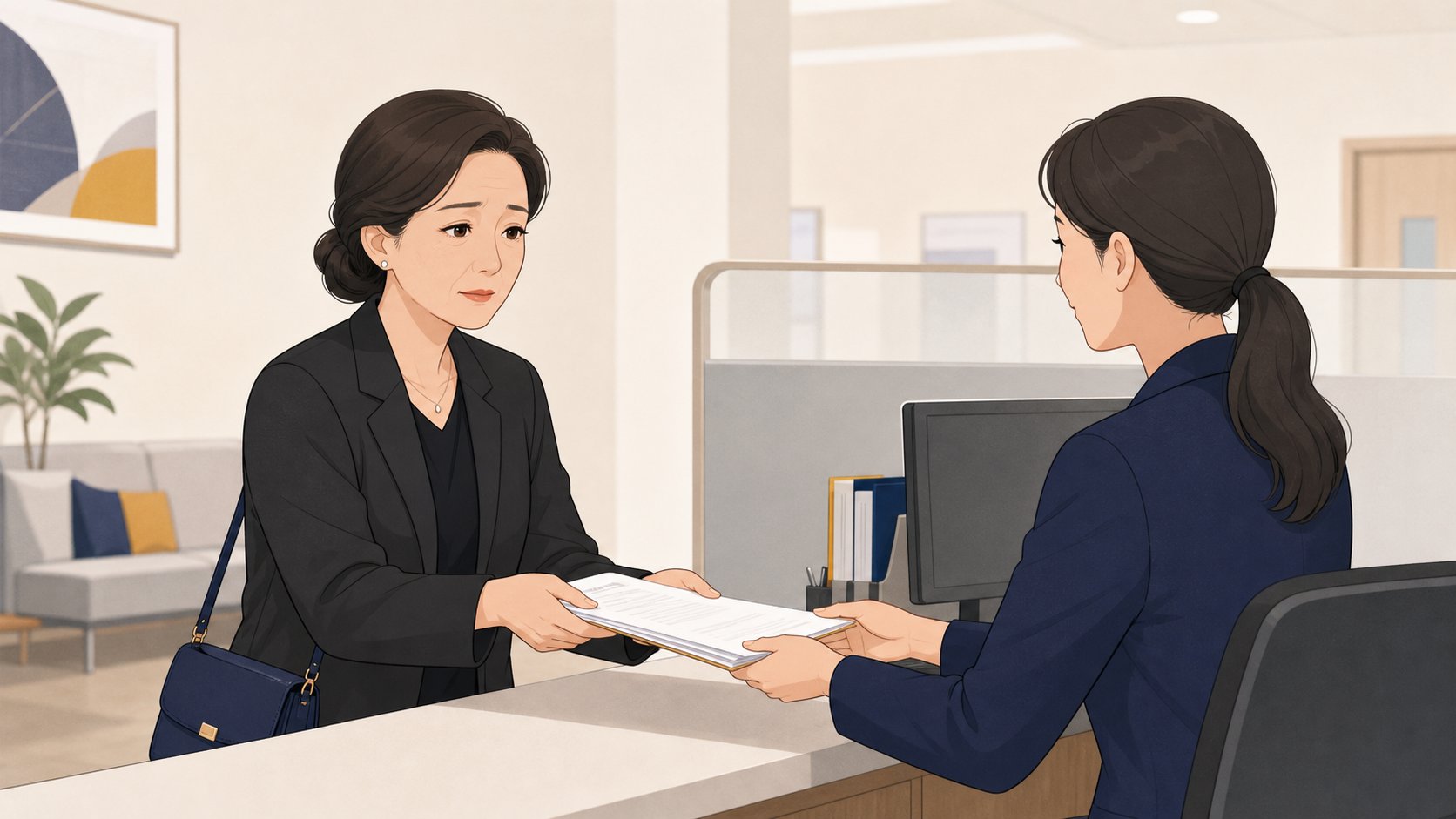 가정법원 안내 창구에서 직원에게 서류를 건네며 실종선고 절차를 안내받는 유족