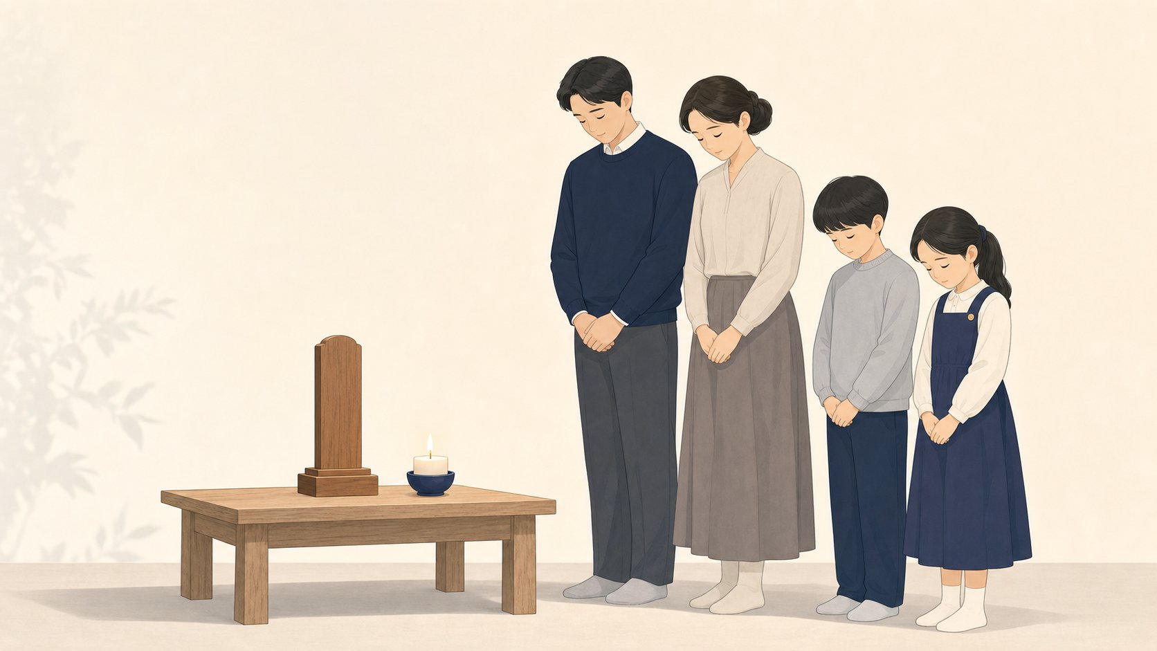 위패와 작은 촛불만 놓인 단정한 추모 공간에서 조용히 묵념하는 가족
