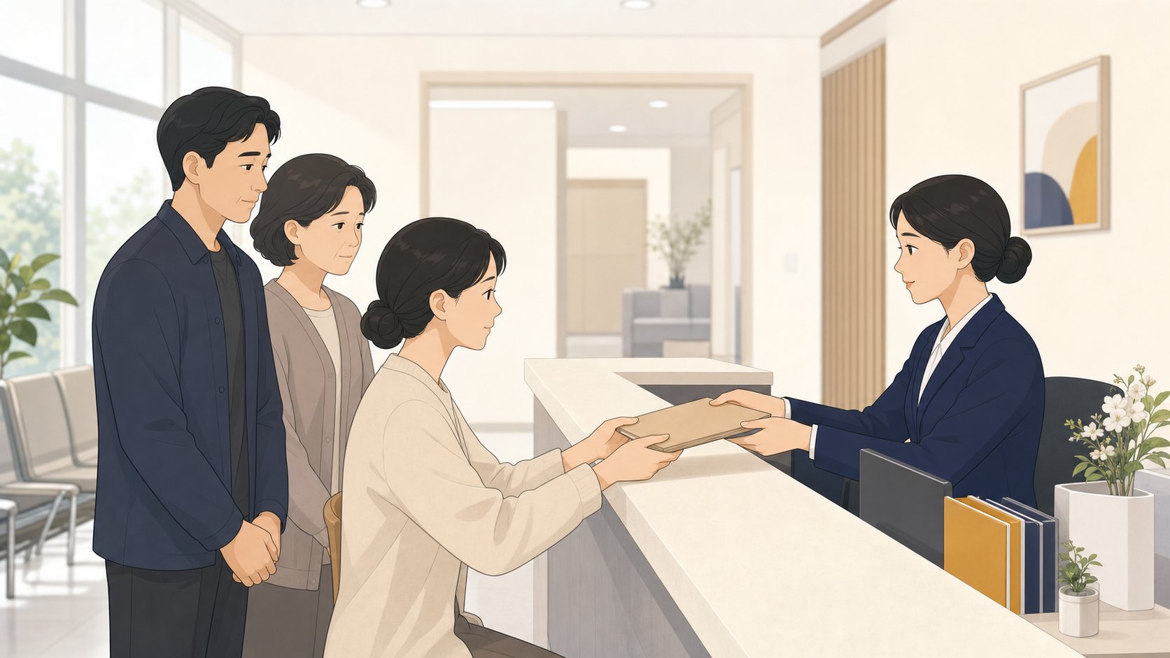 병원 원무 창구에서 사망 관련 서류를 건네받는 가족