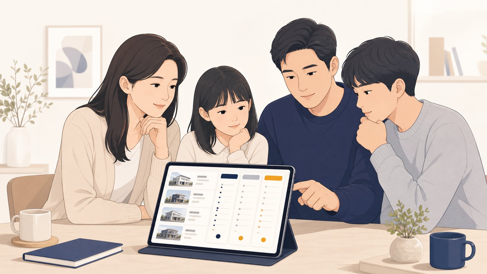 태블릿으로 충청도 지역 장례식장 목록을 살펴보며 빈소를 정하는 가족