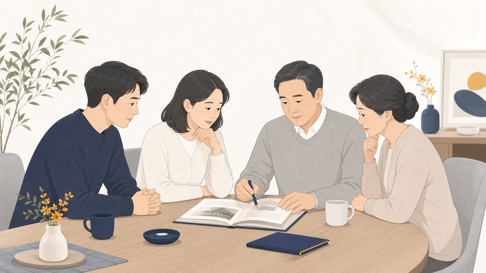 탁자에 둘러앉아 장례 방향을 상의하는 가족