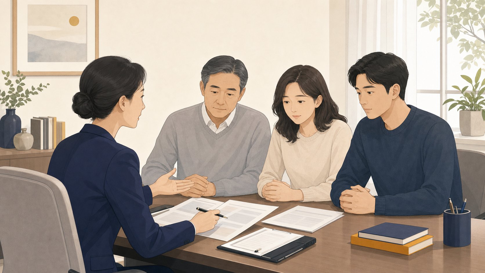 상담사와 마주 앉아 서류를 보며 상속 관련 설명을 듣는 유족