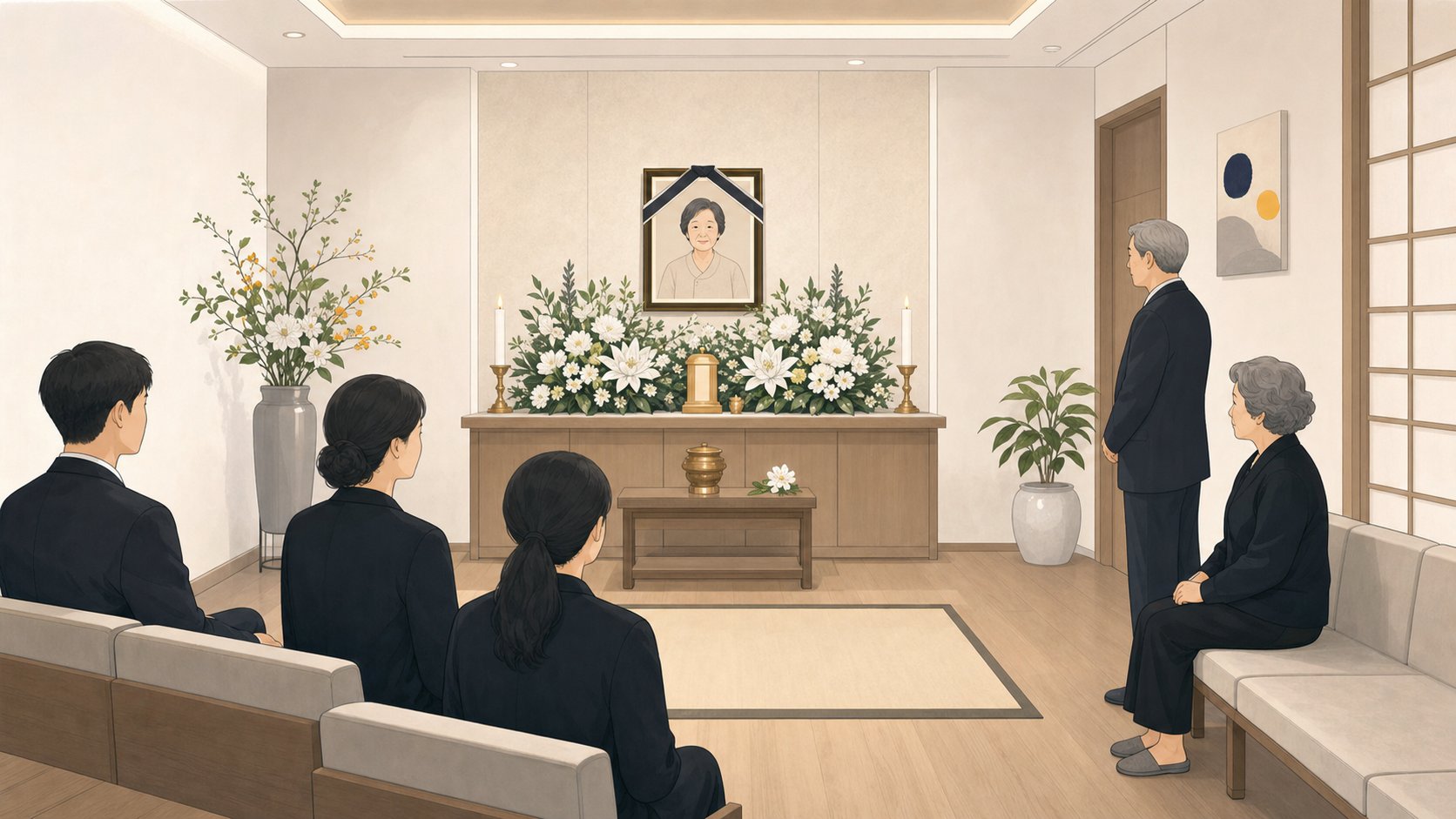 작은 규모의 단정한 빈소에서 몇 명의 가족이 조용히 자리를 지키는 장면