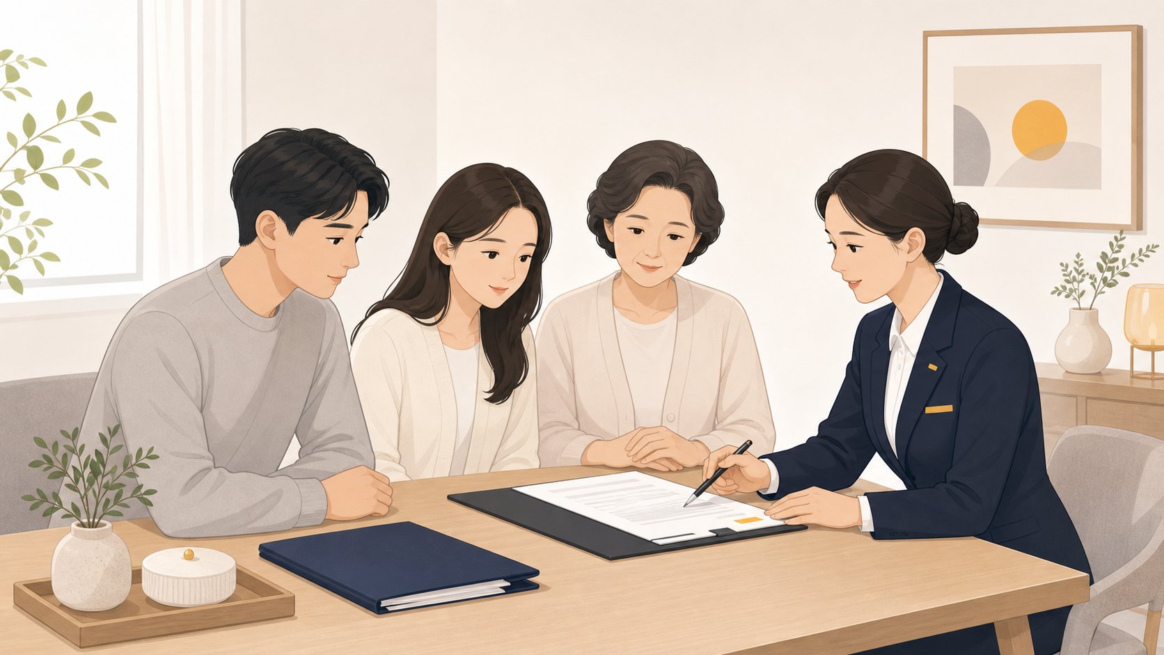 서류를 확인하며 장례식장으로의 이송을 준비하는 가족과 직원
