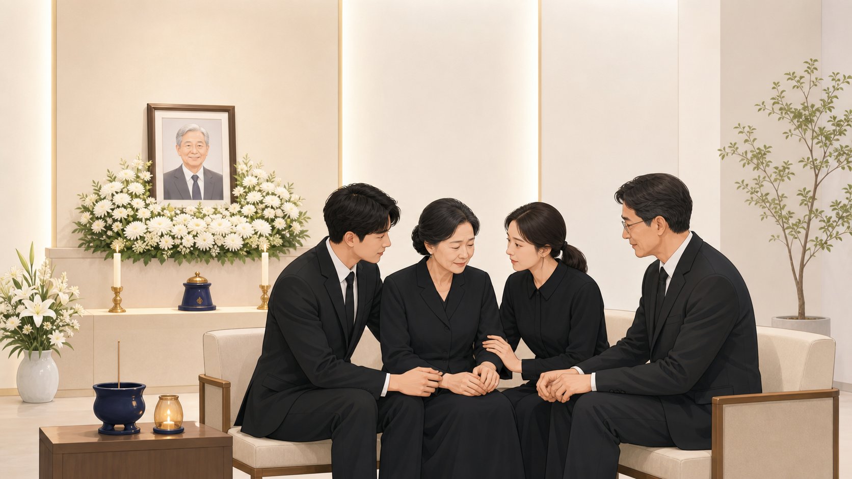 단정한 빈소에서 가족끼리 손을 맞잡고 서로 위로하는 소규모 장례 장면