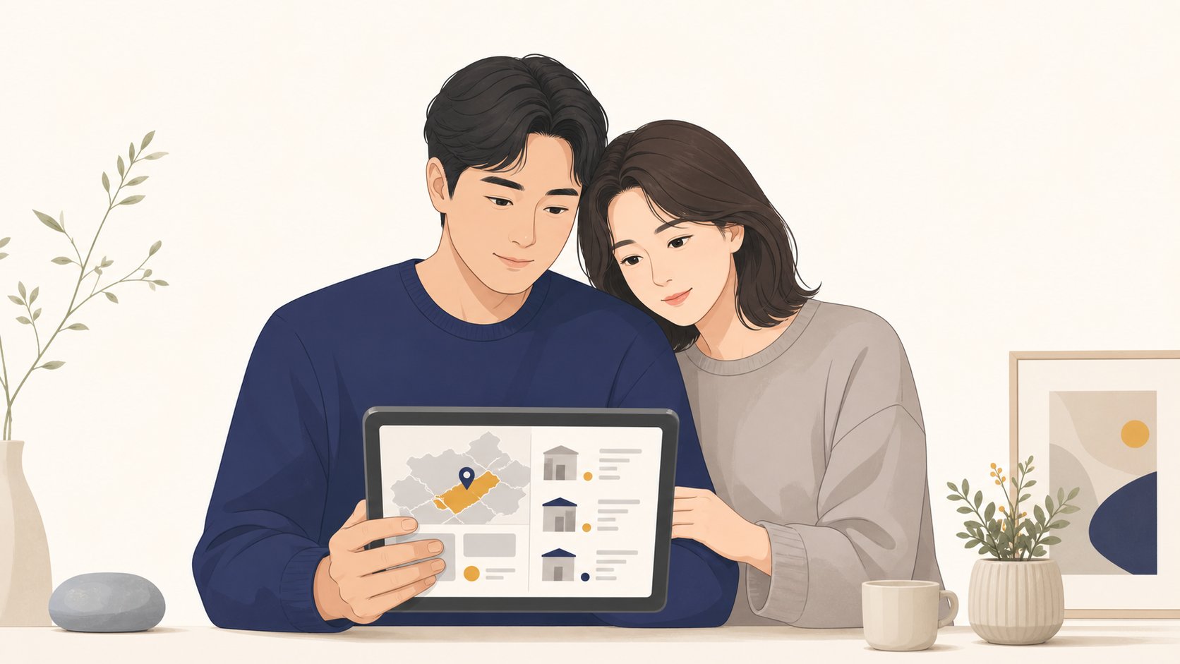 태블릿으로 충청도 장례식장 정보를 함께 살펴보며 상의하는 형제자매