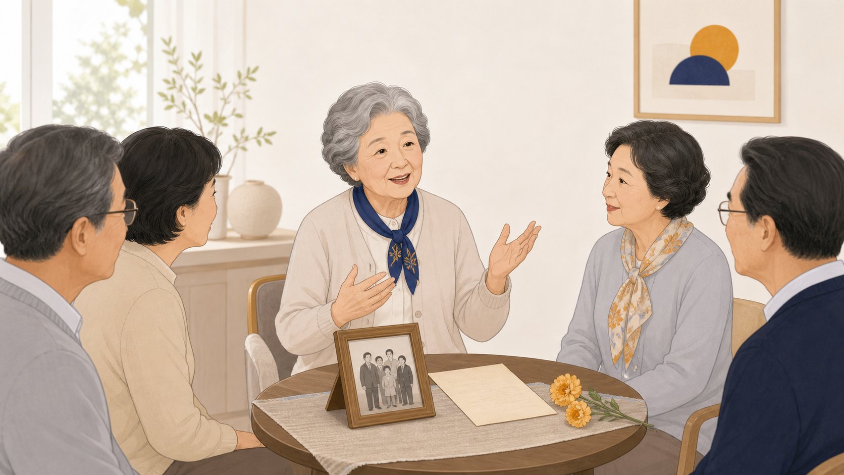 작은 테이블에 사진 액자와 손편지가 놓인 자리에서 어르신이 지인들에게 이야기를 건네는 장면