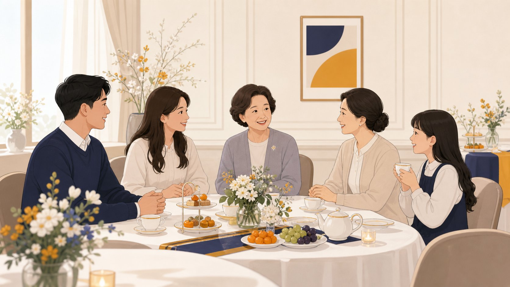 밝은 소규모 연회장에 다과와 꽃이 준비되고 사람들이 둘러앉아 담소하는 생전장례식 준비 장면